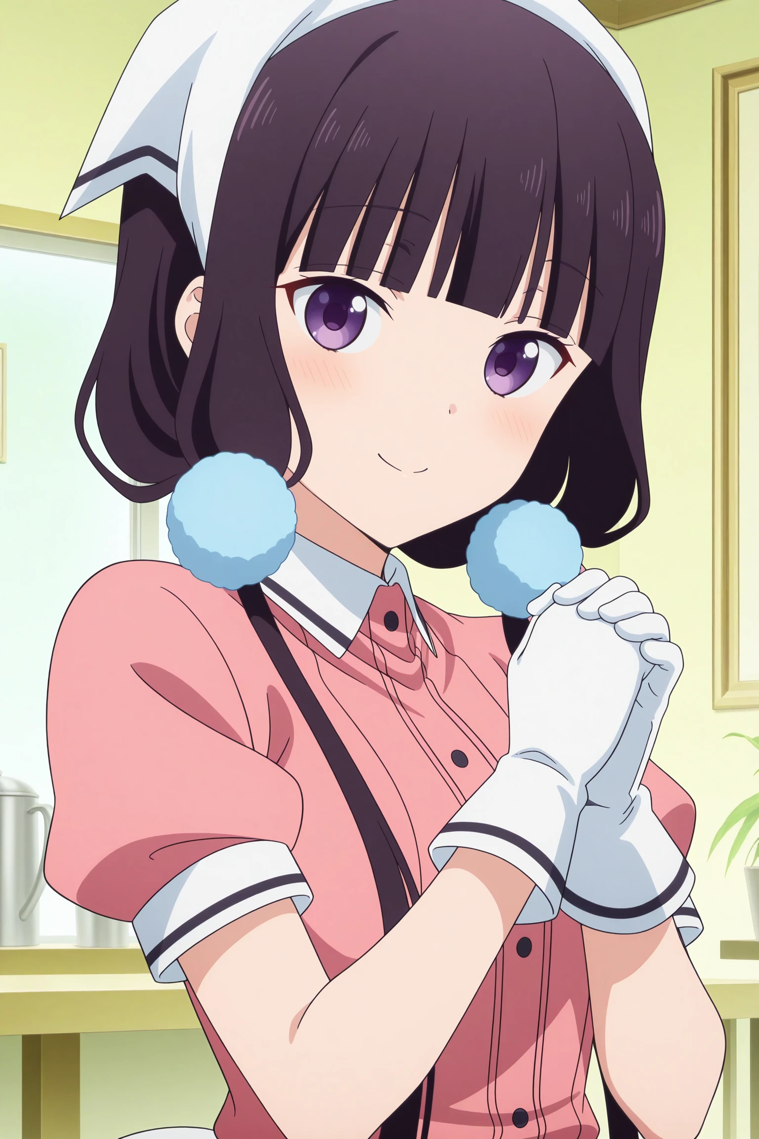 masterpiece, best quality, amazing quality, highres, absurdres, very aesthetic, high resolution, ultra detailed, perfect details, 1girl, solo, indoors, cafe, sakuranomiya maika, long hair, black hair, low twintails, blunt bangs, pom pom hair ornament, purple eyes, waitress, headscarf, puffy short sleeves, pink shirt, pink skirt, white gloves, white apron, waist apron, frilled apron, white back bow, white thighhighs, black footwear, flats, <lora:Maika_Sakuranomiya_ILXL:0.8>, (aged up:1.2), (upper body), (anime coloring:1.2), (anime screencap:1.2), smile, (pose:1.3), looking at viewer