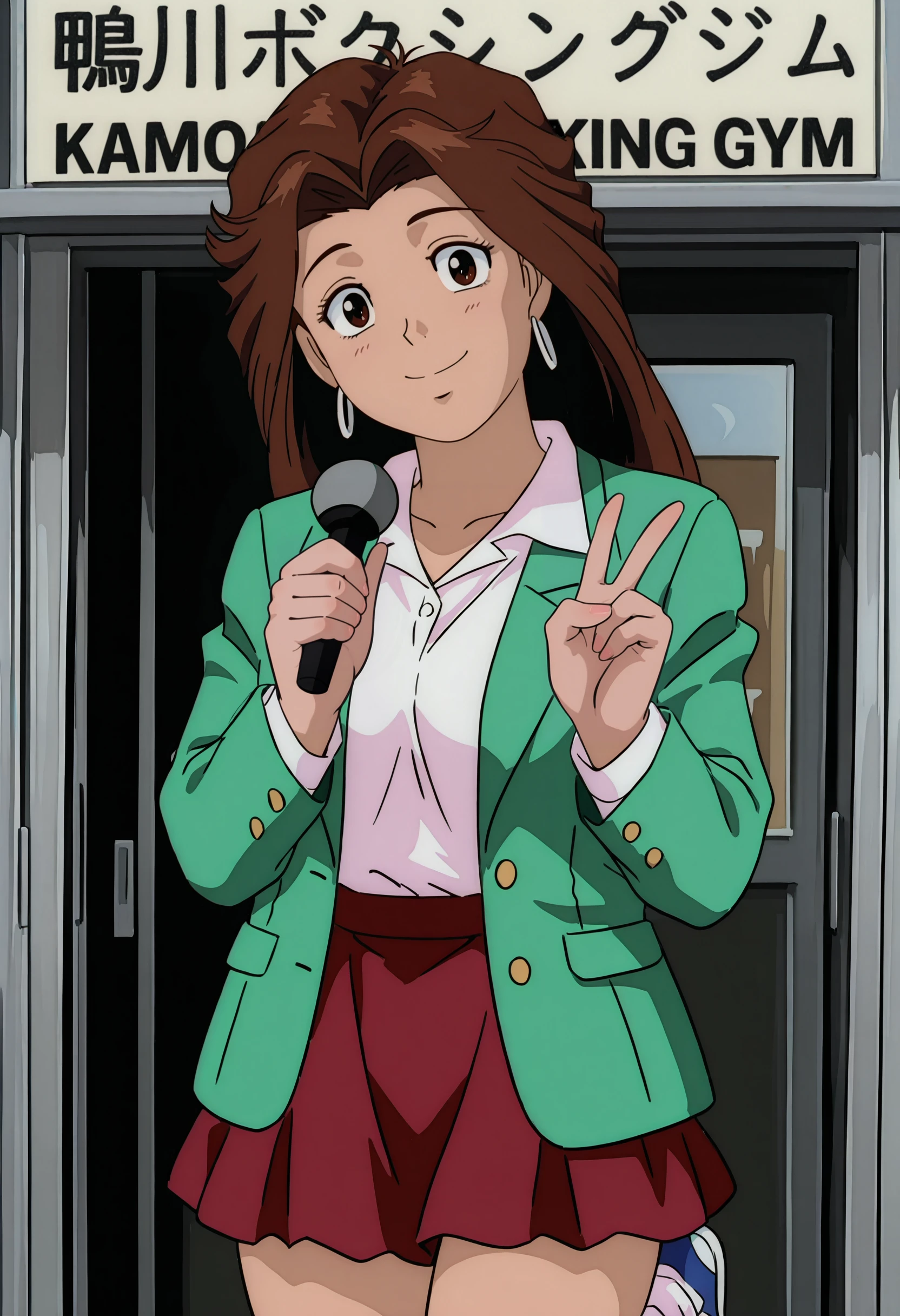 perfect quality, high quality, masterpiece, absolutely eye-catching BREAK
<lora:Hajime_no_Ippo_-_Kumiko_Morita:1> ippokumikomorita, brown eyes, brown hair, long hair, curtained hair BREAK
green jacket, white shirt, red pleated skirt, blue and white sneakers, loose socks, hoop earrings BREAK
standing, outside shop, sign, v sign, holding microphone, smiling, head tilt, cowboy shot, dutch angle