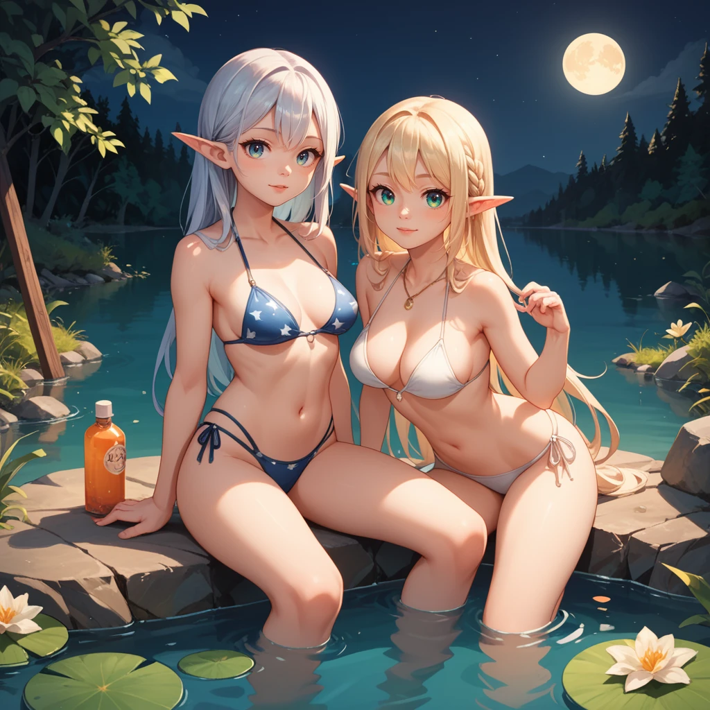 NSFW, (3 elves+elvengirls:1.5),  (tanned skin:4.0), dark tanned skin, oil, abs:1.4, line up, elven girls in row, crowd, looking at viewer,masterpiece, top quality, ultra high definition, highest resolution, very detailed, professional lighting, clean skin, CG illustration, slender, very cute, young face, cleavage, lower breast, wet body, (breasts out:1.4), random hair colors, random hairstyle, hair ribbon, blue eyes, blush, lying down, open legs, legs raised, navel, from below, wet body,  transparent swimsuit, river,  elven girls playing behind, showing ass, dark forest background