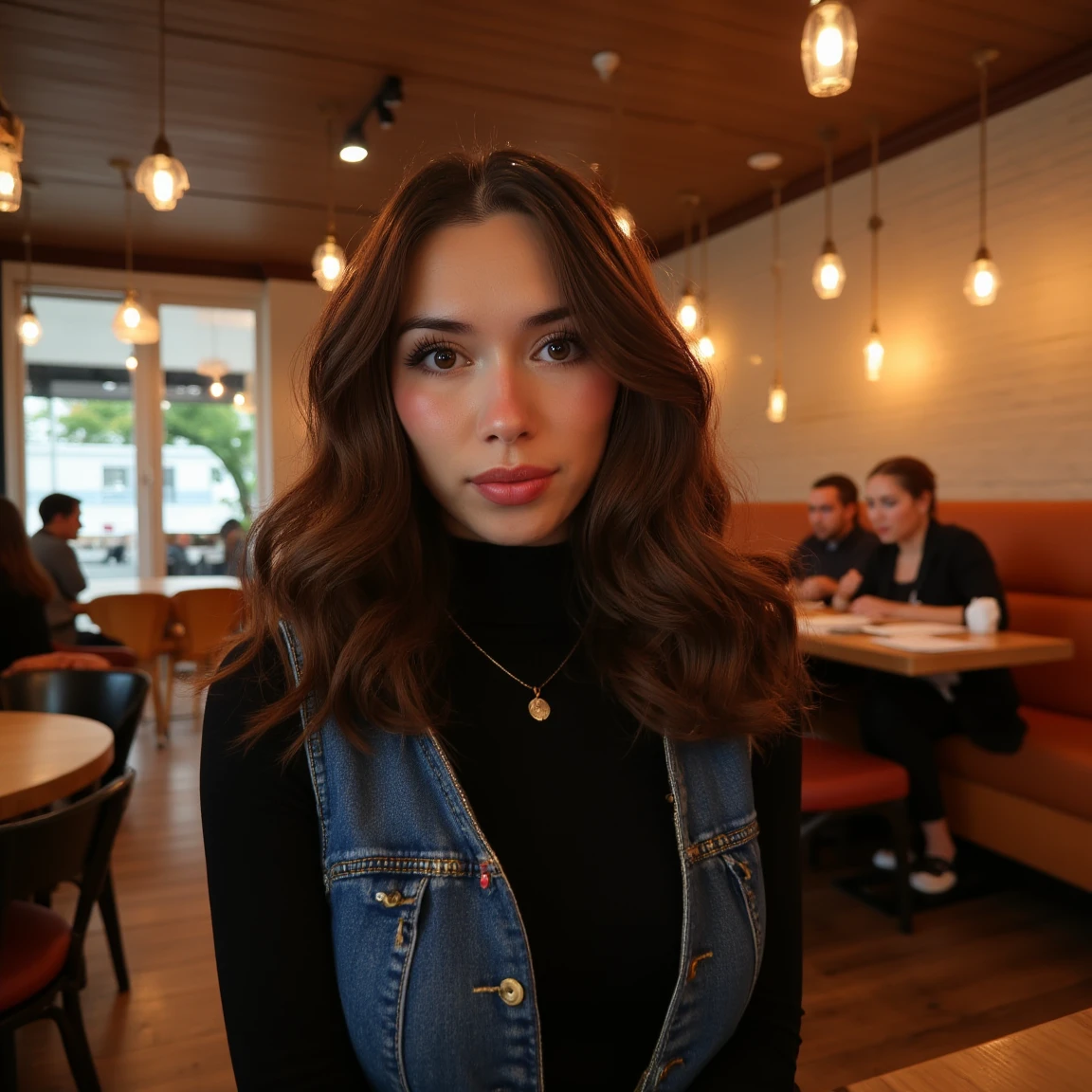 (A cinematic shot of <lora:Kailey_Mae:1> a young woman with a light to medium skin tone. a stunning female model, wavy hair, makeup and mascara. She is wearing a black turtleneck sweater and a denim vest, standing in cafe looking at the viewer)