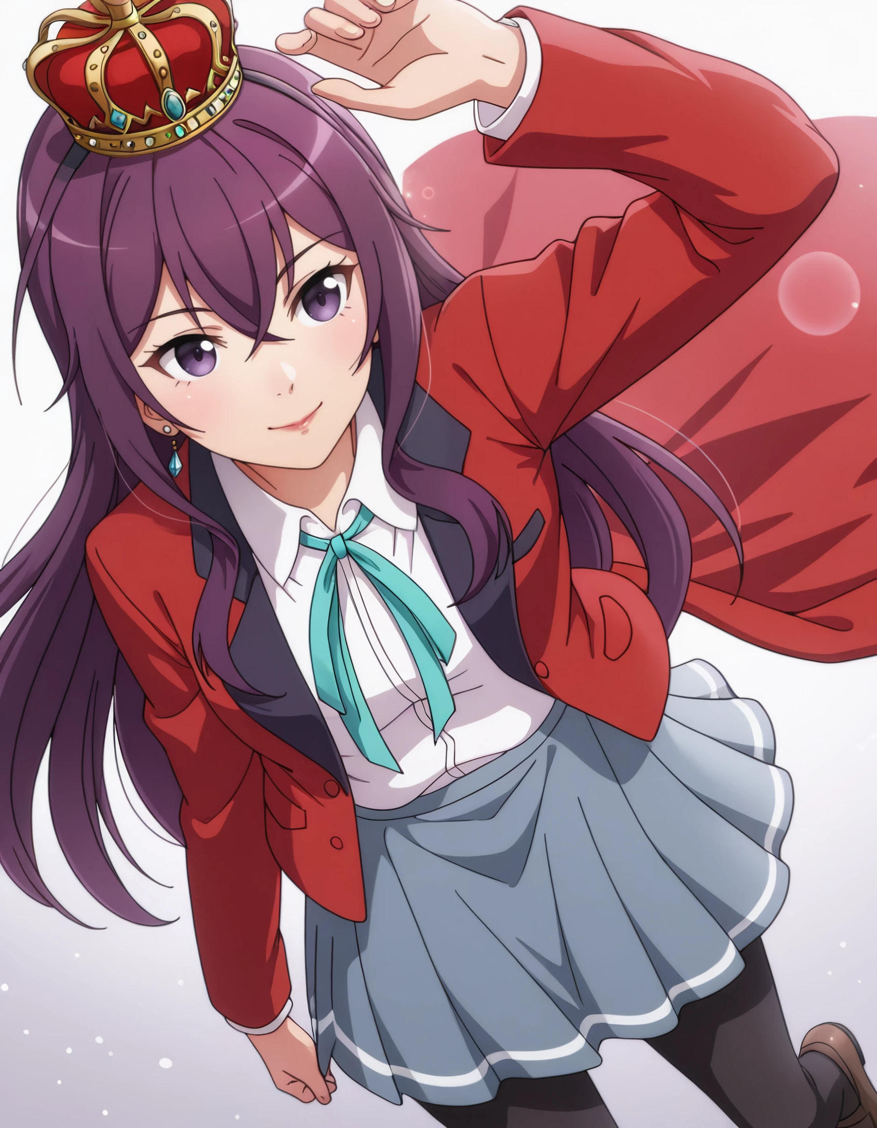 <lora:karen_kannazuki_il:1> karen_kannazuki, long_hair, purple_hair, hair_between_eyes, purple_eyes, school_uniform, red_jacket, white_shirt, green_ribbon, neck_ribbon, grey_skirt, pleated_skirt, black_pantyhose, brown_footwear, (1girl, solo), 1girl, arm_up, cowboy_shot, crown, earrings, jewelry, necklace, red_lips, smile, solo, white_background, dutch_angle, lens_flare, realistic, masterpiece, detailed, best_quality