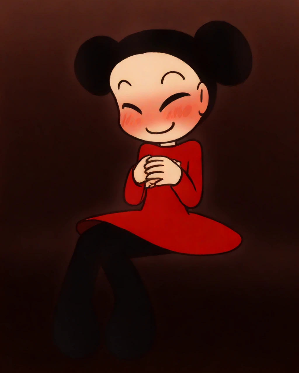 masterpiece, best quality, alenonimo, chibi, 1girl, solo, pucca, red dress, black pantyhose, smile, blush, hands on own chest, hands together, looking away, sitting, upper body, city