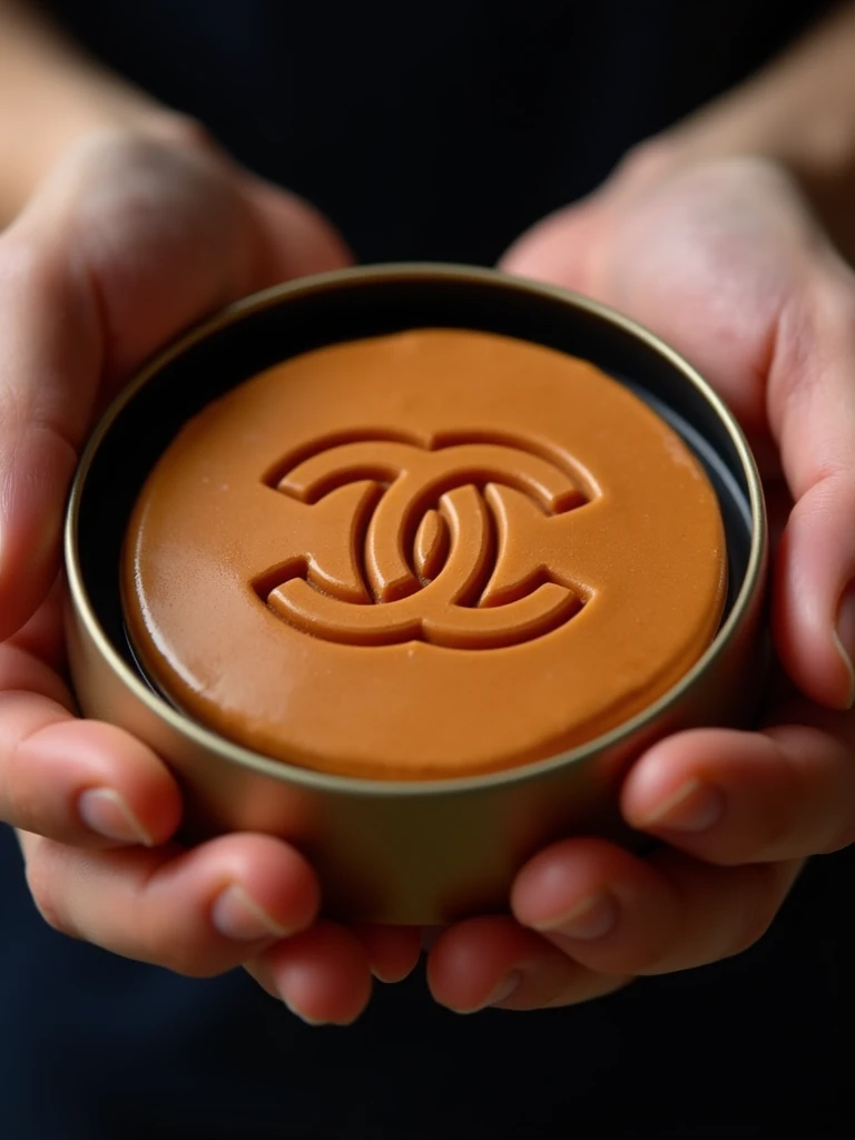 A flat dalgona candy with a carved Chanel logo design, placed in a circular tin held by two hands, with a vibrant, close-up focus on the flat candy, crafted for precise carving and extraction