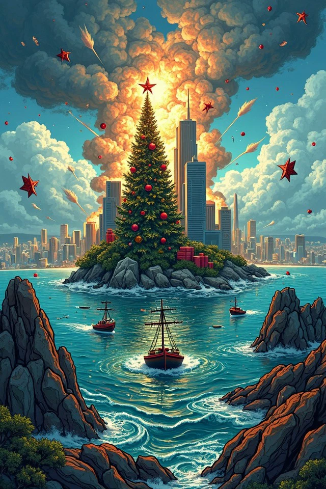 worxma style, smoke, ornaments, christmas tree, presents, explosion, illustration,
Elektra in A coastal city partly submerged, with the tops of high-rises emerging from the sea, surrounded by boats navigating between them under a cloud-covered sky., 
Astoundingly illustrated, Extravagantly detailed, First-rate quality, High detailed, 
<lora:War_On_Christmas_Flux:0.20>