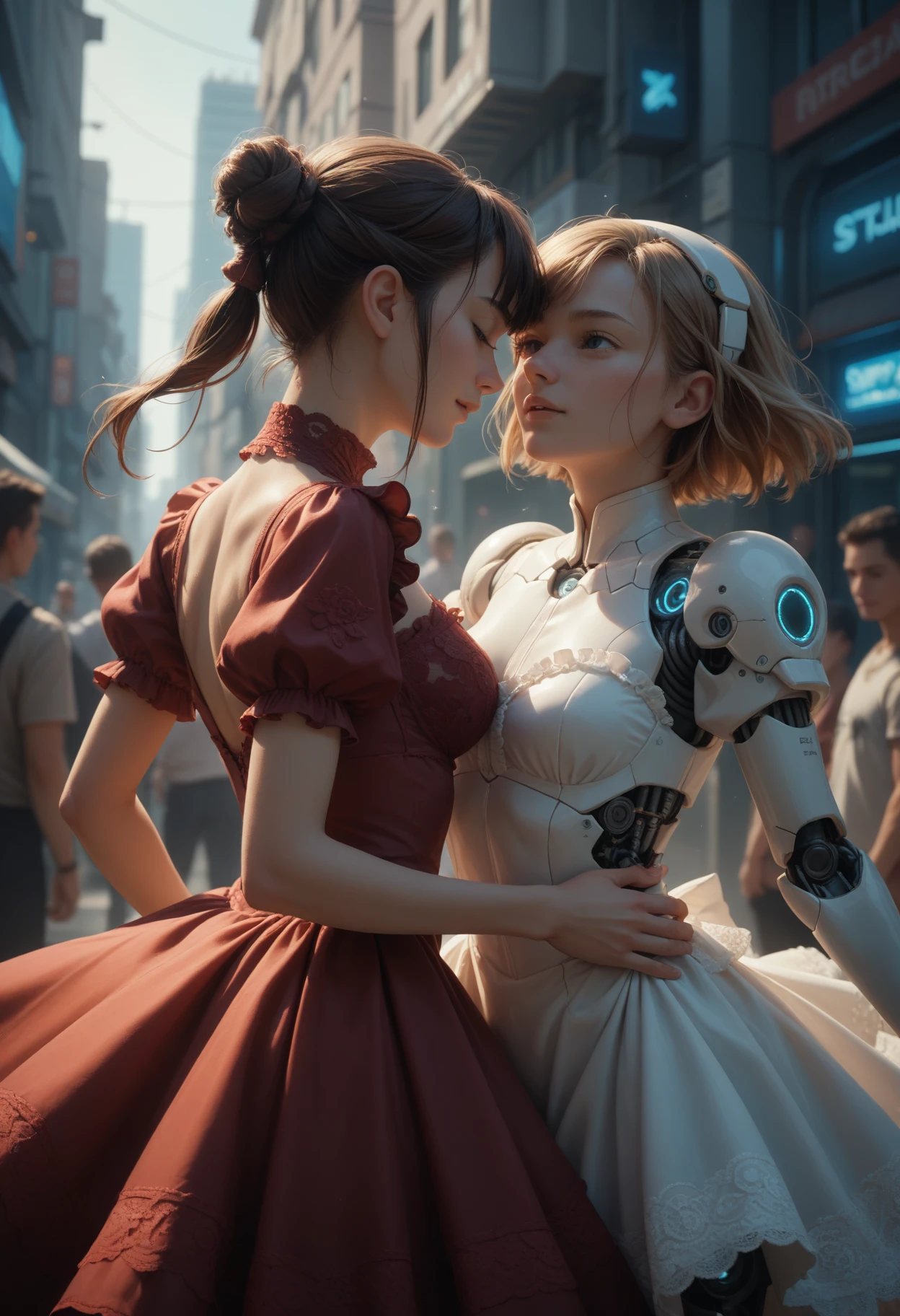 score_9, score_8_up, score_7_up, score_6_up, futuristic.
2 girls, android, dancing, joints, lace dress dress, frills, puffy shoulders, head focus, outdoor.