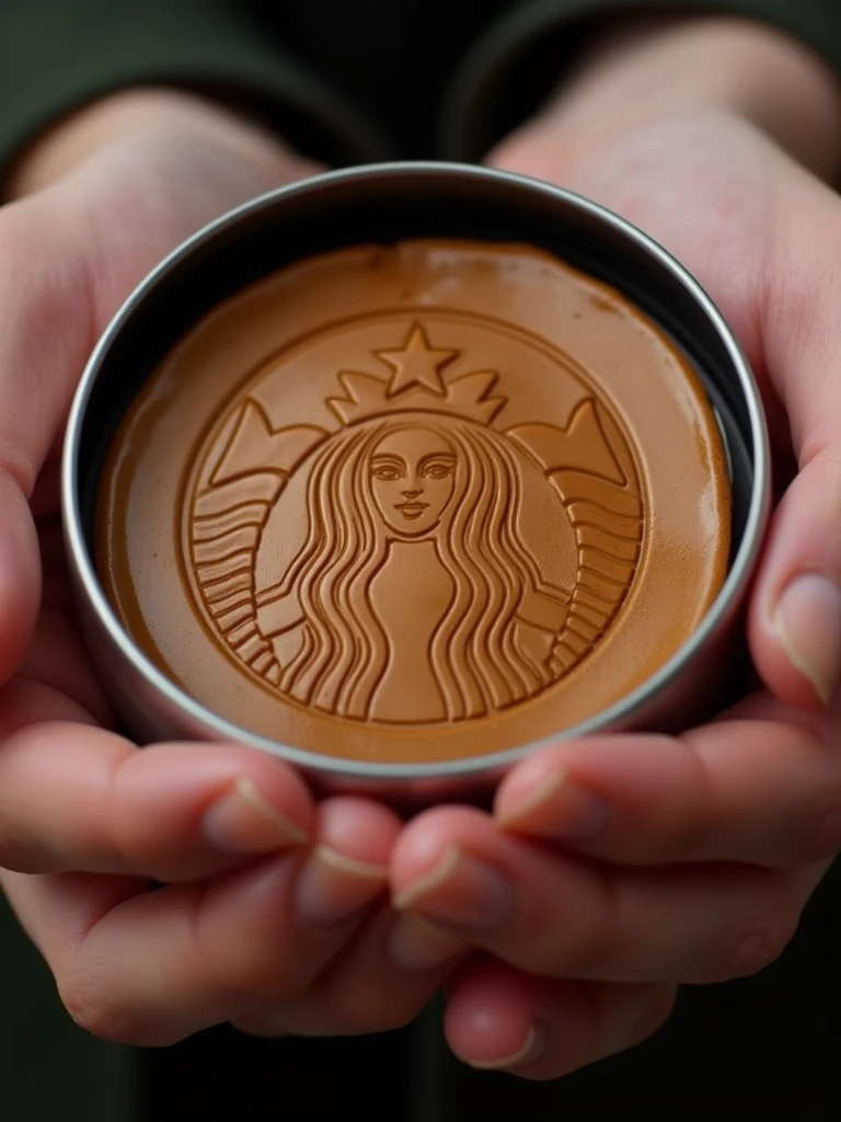 A dalgona candy with a carved starbuck logo design, placed in a circular tin held by two hands, with a vibrant, close-up focus on the candy, crafted for precise carving and extraction