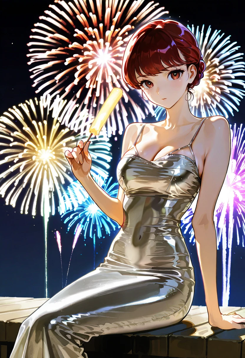 1girl,solo,looking at viewer, ikeda ruriko,sm dress, silver dress, cleavage, yoshizawa_kasumi,sitting,fireworks,