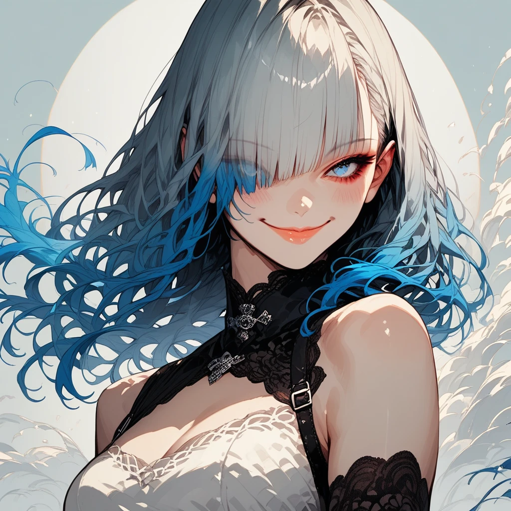score_9, score_8_up, score_7_up, p1n04rtstyl3,pinoartstyle,pino art style, rating_safe, 1girl, solo, long hair, breasts, looking at viewer, blush, smile, bangs, blue eyes, large breasts, black hair, closed dress, gloves, dress, bare shoulders, closed mouth, blue hair, upper body, multicolored hair, elbow gloves, hair over one eye, collar, lips, gradient hair, red lips,