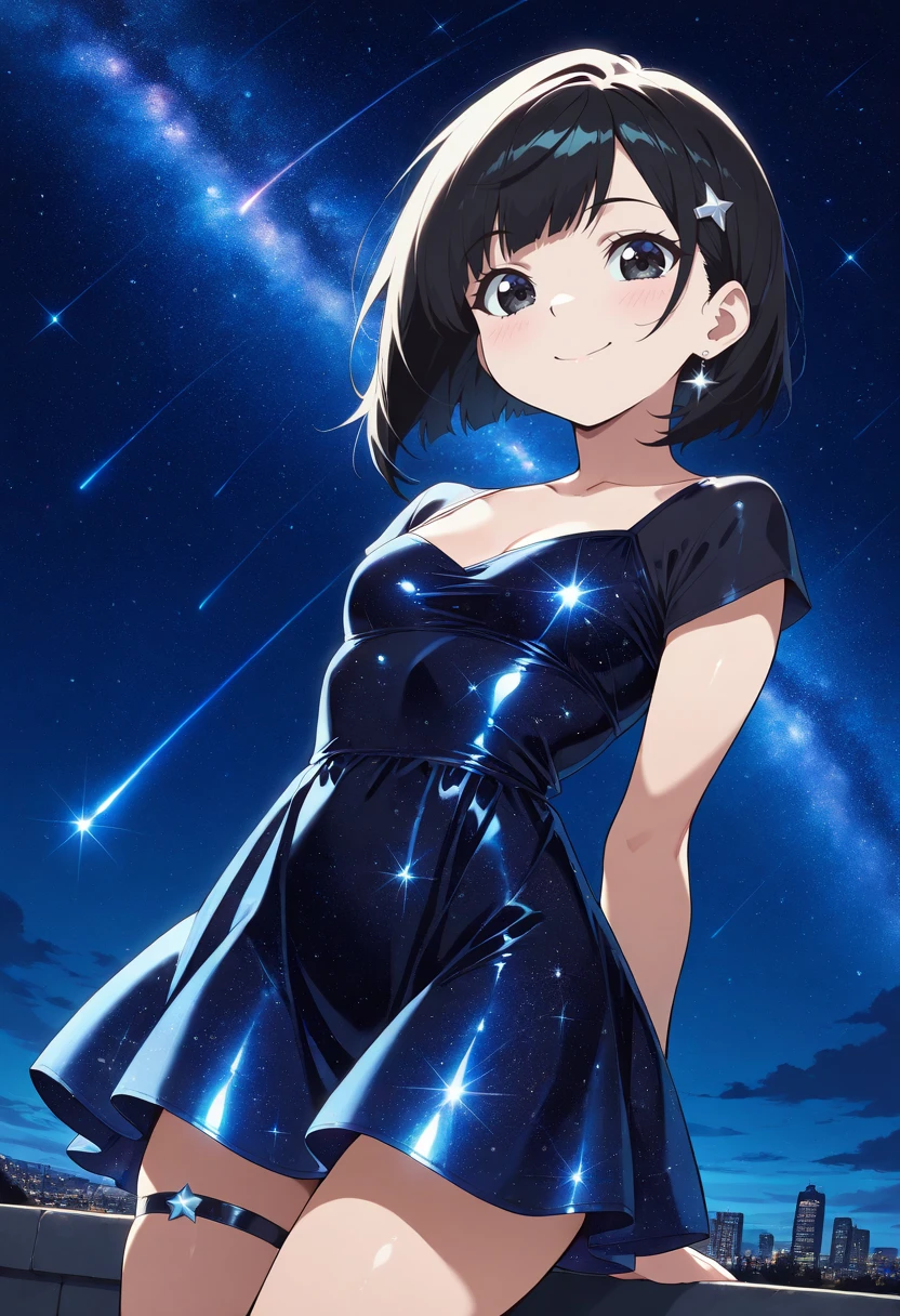 masterpiece,source_anime, best quality, perfect anatomy, very aesthetic, ((outlined outlined vector graphics)), source_anime, 1girl,20yo, black hair, black eyes, short bob hair, hair pin,small breast, slender,(white thigh strap:1.1),(black clohtes:1.1),, outdoors, blush, cowboy shot, galaxy, gradient sky, glittering, glimmering, glowing , aetherical, looking at viewer, milky way,starry night, night, night sky, shooting star, sky, skyline, smile, solo, star \(sky\), star \(symbol\), starry background, starry sky, starry sky print,starrynightdress, starry night dress, black dress,,( short sleeve dress:1.2),smile
 <lora:starry-dress-il-01:1>