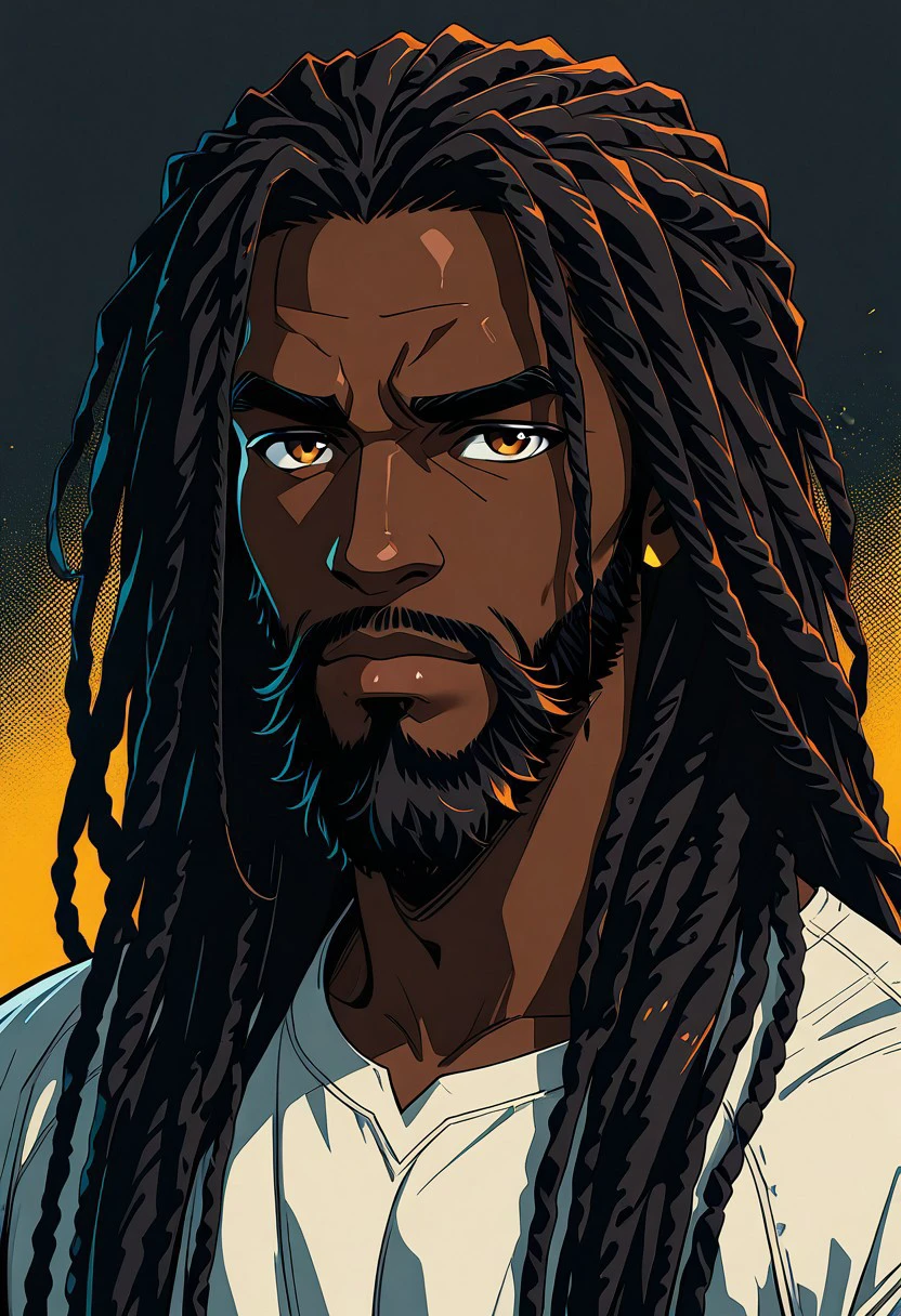 masterpiece, best quality, newest, absurdres, highres,  anime, anime style 1boy, IllustratedafricanmaleV1.5, dark-skinned male, african male, african, DredlocksIL-V1.5, dredlocks, beard, facial hair,