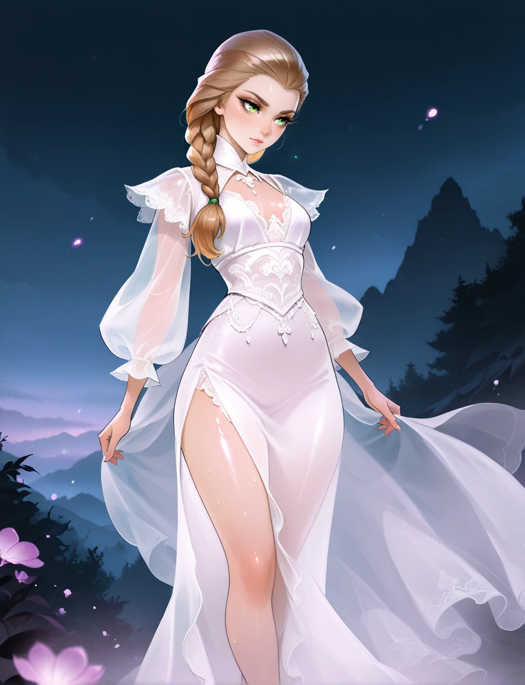 masterpiece,best quality,amazing quality,very aesthetic,(absurdres:1.1),fscq, Katya_TB, newest,scenery,1girl, alluring, shiny skin, humid skin, elegant design, intricate outfit, light blush makeup, long eyelashes, striking eyes, delicate lace details, , pastel color scheme, fantasy aesthetic, glowing accents, slender body, feminine silhouette, epic character design, magical and traditional fusion, masterpiece, best quality, amazing quality, very aesthetic, absurdres, newest, scenery, fireflies in the night, warm ambient lighting, motion blur, <lora:flllak:0.8>, <lora:Katya_TB_Illv3:0.8>