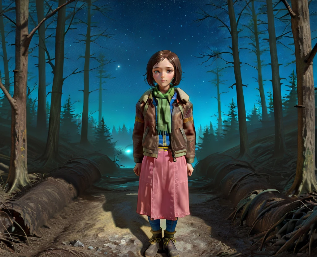 masterpiece, 1440p, 8k, UHD, amazing quality, high resolution,   <lora:Nat_Wright_Illustrious:1> NatWright, Fallout4, 1girl, solo, brown hair, short hair, jacket, green scarf, pink skirt, in the forest, dead trees, starry sky, looking at viewer, full body view Show less