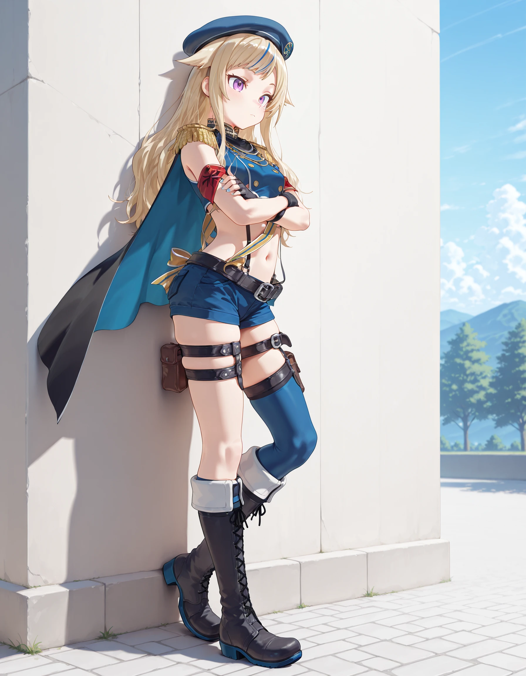 masterpiece, best quality, amazing quality,1girl, solo, full body, outdoors, daytime, leaning against wall, candid,crossed arms, leg up,
<lora:Suzuki_Hina_Illustrious:1> suzuki hina, blonde hair, long hair, streaked hair, hair flaps, purple eyes, skinny, small breasts, , hat, beret, blue thighhighs, blue crop top, fingerless gloves, midriff, single thighhigh, sleeveless, suspender shorts, thigh straps, belt, pouch, single armband, boots, sash, epaulettes, blue cape, black cape,