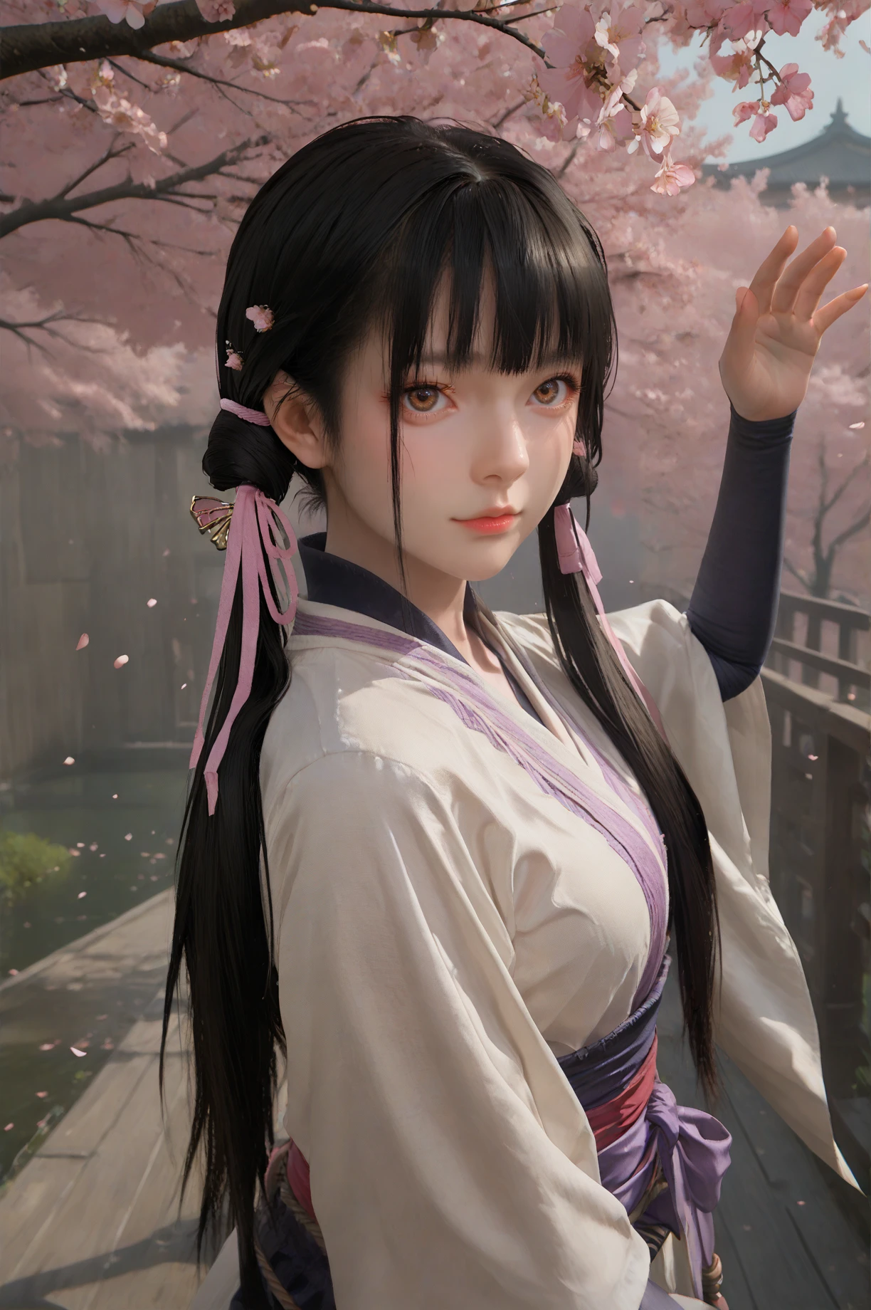 score_9, score_8_up, score_7_up, Dancing amidst falling cherry blossoms, she captures the essence of beauty and fleeting moments, looking at viewer, <lora:Sister_Li_Bloody_Spell:0.7> sis_li, 1girl, solo, black hair, long hair, twintails, sash, ribbon, brown eyes, bangs, hair ornament