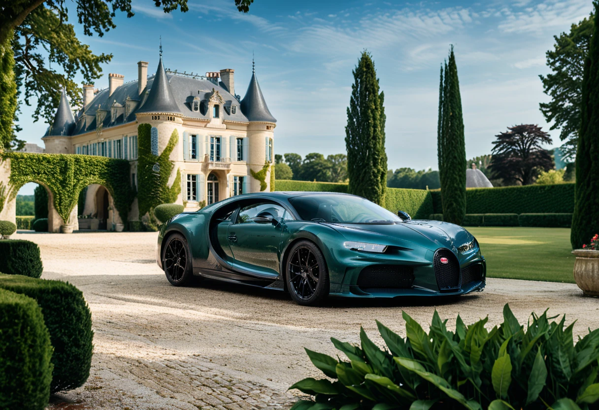 <lora:bugattich1r0n:1>,A emerald green, bugatti ch1r0n parked outdoors in front of a majestic French château. The car, with its glossy metallic blue exterior and sleek black accents, is perfectly positioned on a cobblestone driveway leading to the château. The château features classic French architecture with large arched windows, intricate stonework, and tall, elegant towers. The setting is bathed in soft golden sunlight, creating a warm and luxurious atmosphere. Surrounding the château are neatly trimmed gardens, fountains, and lush greenery, enhancing the sense of grandeur. The scene combines automotive excellence with historical elegance."
<lora:SDXLFaeTastic2400:0.4> <lora:extremely_detailed:0.4> extremely detailed, Masterpiece,best quality,hi res,8k,hi res,8k,award winning,(sharp focus, intricate, highly detailed),