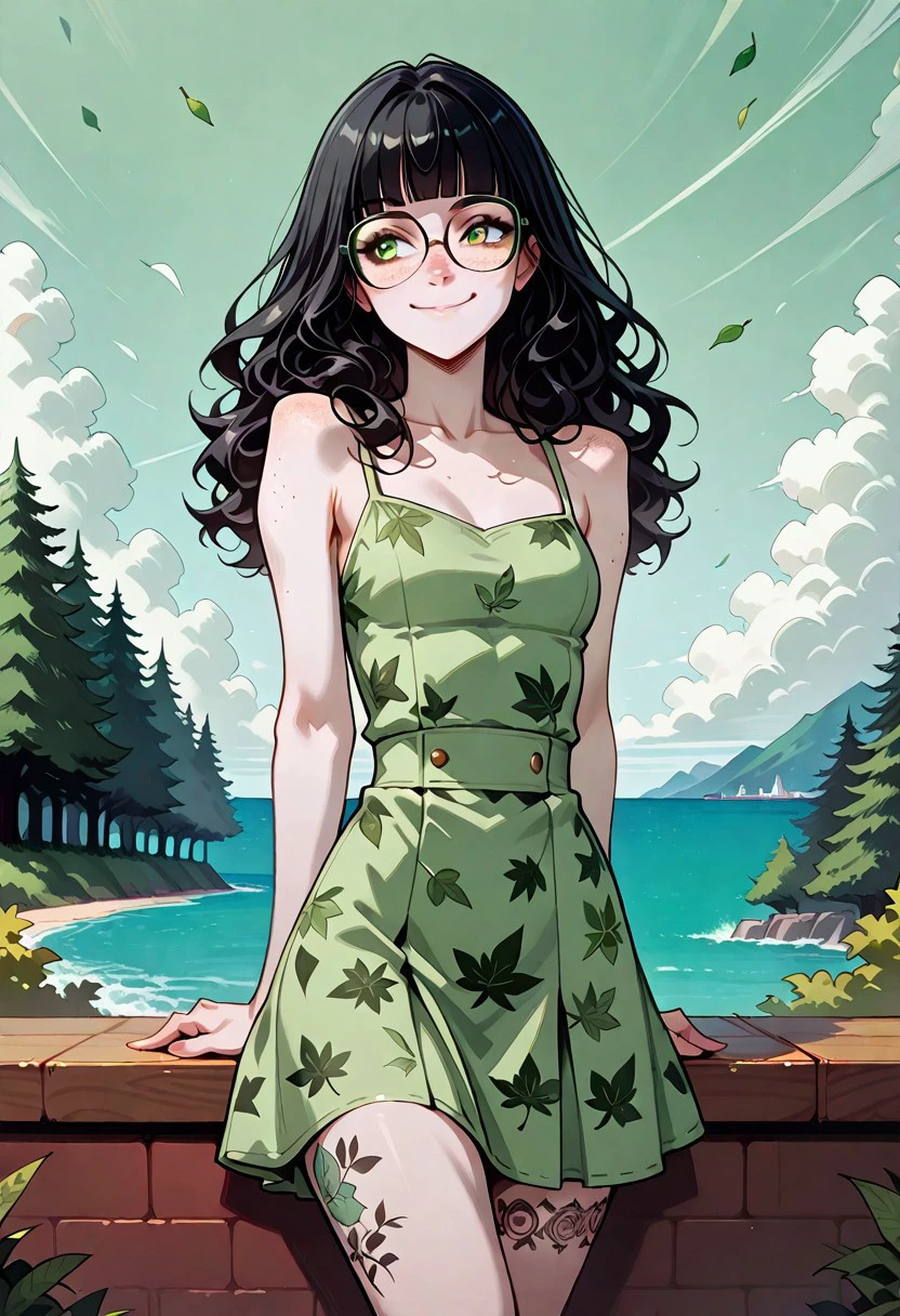 masterpiece, best quality, 32k, high resolution, absurdres, 1girl, Claudia, ClaudiaRH, long  black hair, wavy hair, blunt bangs, green eyes, big squared eyeglasses, small breasts, slim, big leg tattoo, pale skin, freckles, posing , portrait, cowboy shot, wearing cute green sundress, leaves pattern dress, sunny, outdoor, sea landscape, trees, cute smile, closed lips