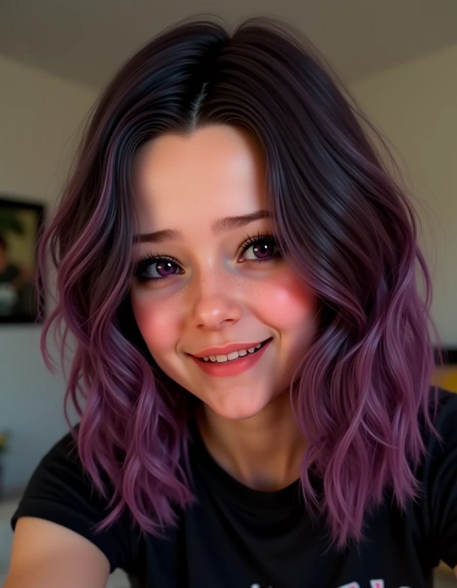 Portrait of a beautiful girl, 25 years old, with dark purple hair, purple dark eyes, plump lips, room, short black shirt,
happy facial expressions, smile,
<lora:julia3:1> julia3fw