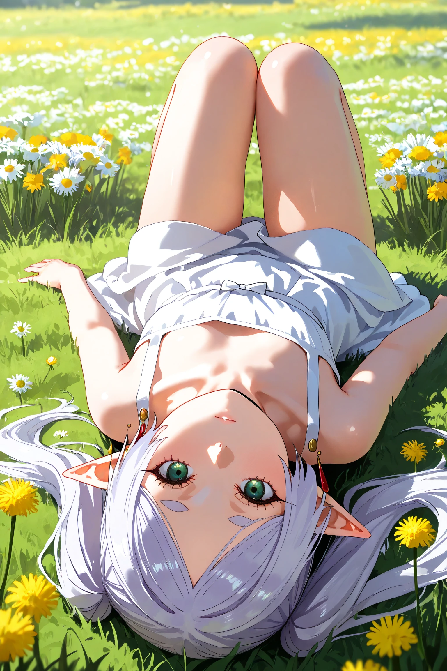 masterpiece, best quality, absurdres, newest, 3d, realistic, 1girl, frieren, sousou no frieren, solo, long hair, looking at viewer, dress, green eyes, flower, white hair, flower field, outdoors, lying, pointy ears, on back, white dress, grass, elf, knees up, short eyebrows, downblouse,  flowers,  dandelion, daisy, from above