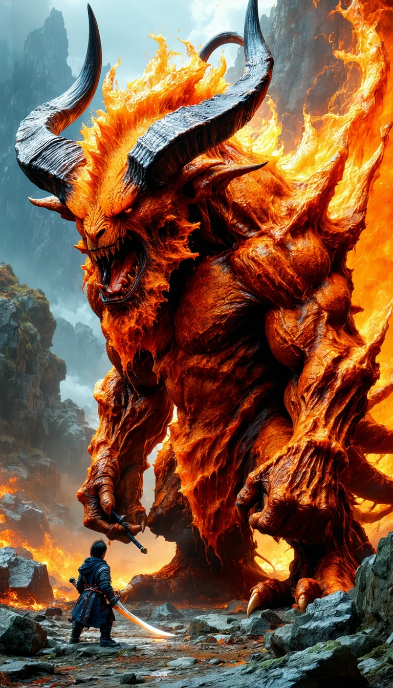 The image depicts a fantastical creature with a large head and long, sharp horns. The creature's body is covered in a vibrant orange hue, and its mouth is open, revealing sharp teeth. The creature is standing on a rocky surface, with a small human figure in the foreground holding a sword. The background is a blend of blue and orange hues, suggesting a natural setting.