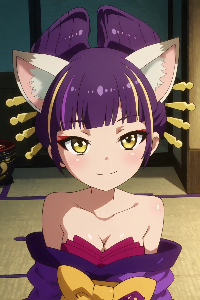 masterpiece, best quality, solo, curvy, beautiful eyes,zzDarudayu, yellow eyes, blonde hair, hair bun, hair ornament, hair stick, multicolored hair, streaked hair, cat ears, animal ears, animal ear fluff, purple hair,  bare shoulders, medium breasts, collarbone, japanese clothes, kimono, off shoulder,  <lora:Darudayu_ShowByRock_IXL:1.0>, upper body, smile, looking at viewer, shiny skin,<lora:TTitansStyleIXL:1.0>,