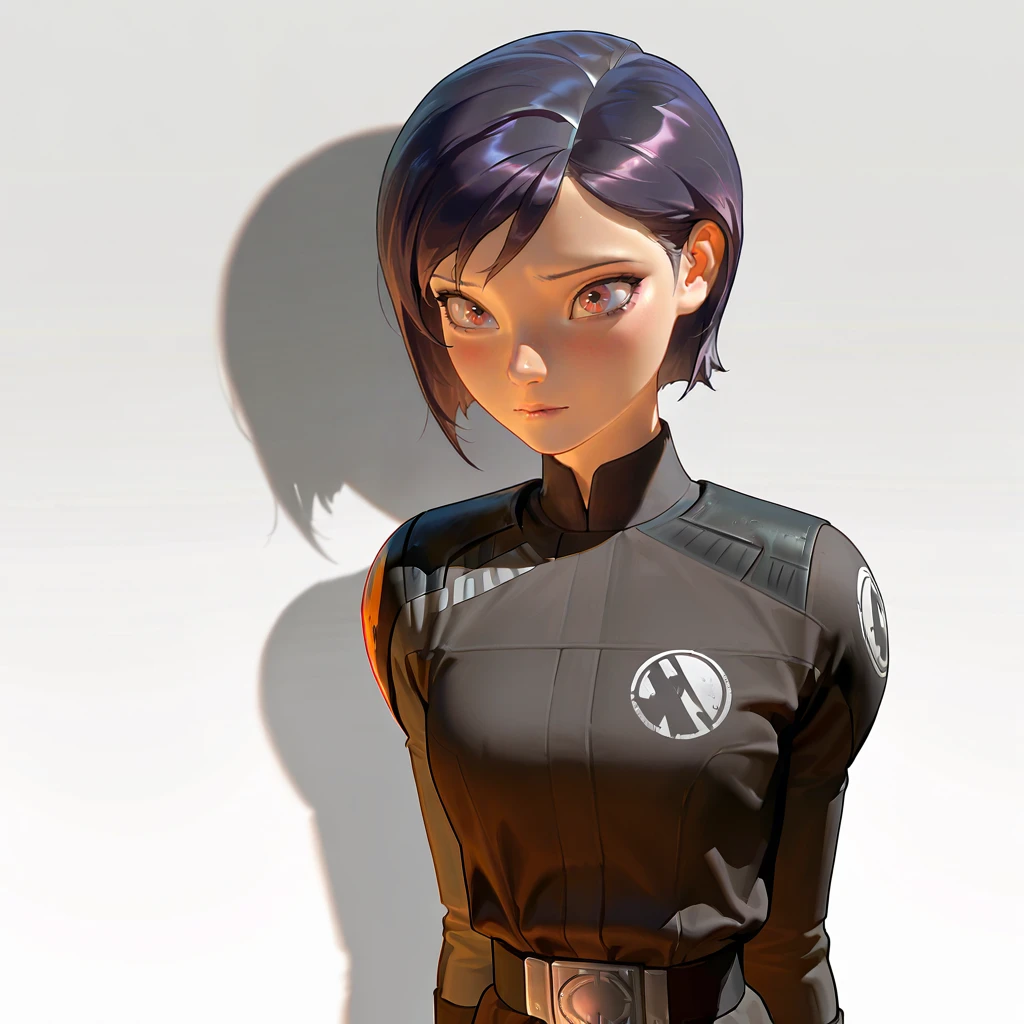 masterpiece, 1440p, 8k, UHD, amazing quality, high resolution, <lora:Sabine_Wren_Illustrious:1> sabine-wren, sw-rebels, 1girl, solo, black hair, short hair, black uniform, black tunic, upper body, star wars, gradient background, shadows,