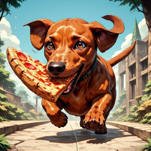 Digital ilustration in style of PaintedComicV4.0 of a dachshund running away with a big slice of pizza in his mouth