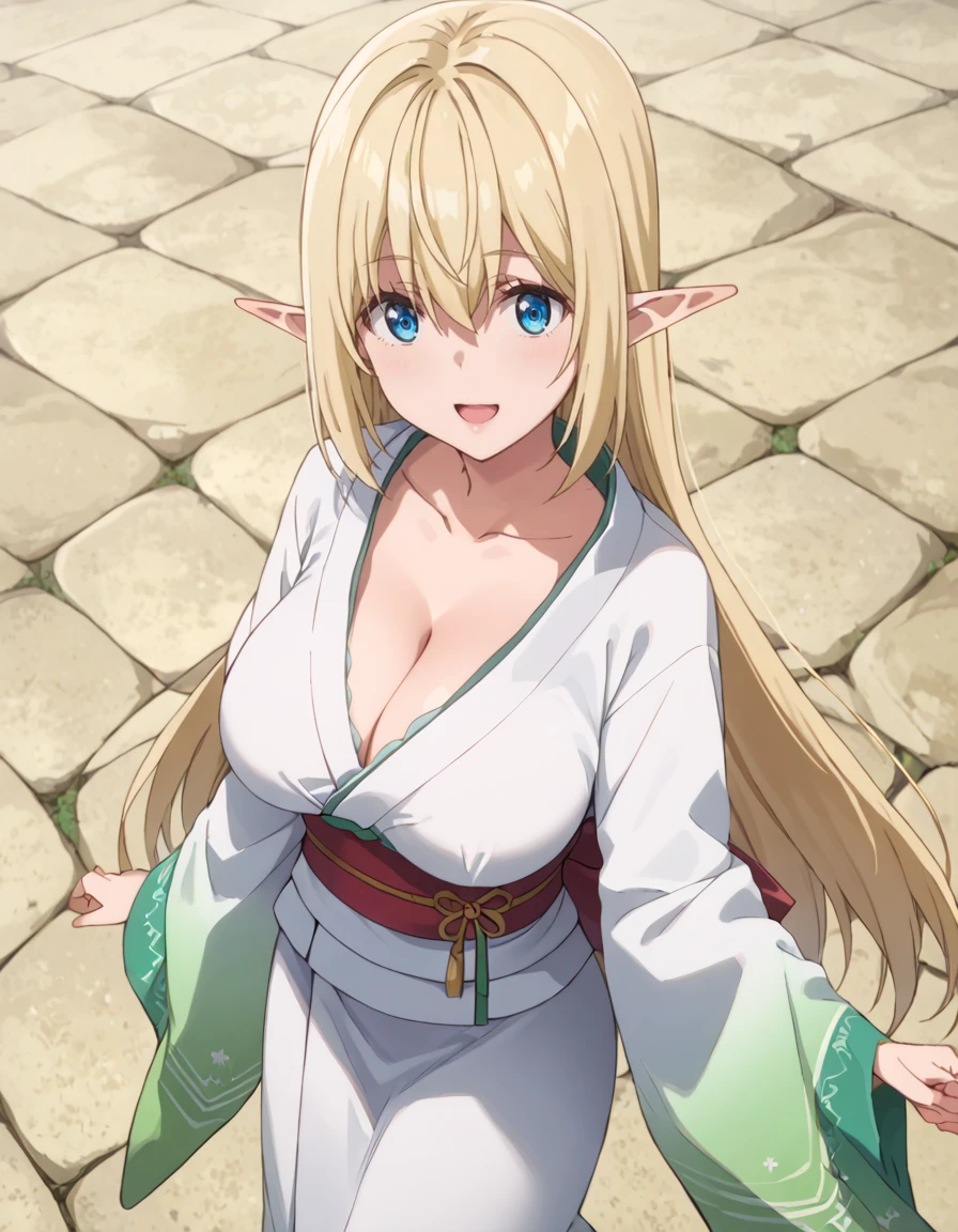 score_9, score_8_up, score_7_up, source_anime, high res image, masterpiece, best quality, BREAK
1girl, looking at viewer, solo, simple background, white background, large breasts, light smile, open mouth, standing, from above, collarbone, large breasts,
aria (beheneko), elf, very long hair, blonde hair, pointy ears, hair between eyes, blue eyes,
<lora:aria-beheneko_s1-anime-soralz:1> <lora:colorkimonoPony:1>, white kimono, wide sleeves, long sleeves, obi, sash, print kimono,