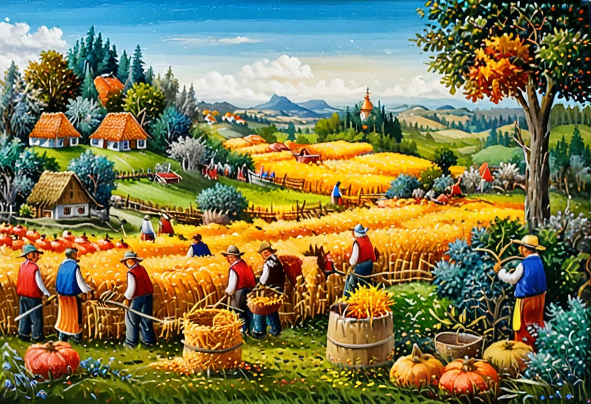 dr4g4n, style of dr4g4n,,A colorful and vibrant naÃ¯ve art painting of several men harvesting hay in a wide-open field under a bright, sunny sky. The men are depicted with simplified, almost childlike features, wearing straw hats, plain shirts, and pants, each holding tools like scythes or pitchforks. The golden hay, green grass, and blue sky are rendered in bold, saturated colors with minimal shading. In the background, a wooden cart piled high with hay is pulled by oxen, while small cottages and trees dot the horizon. The composition is lively and cheerful, with exaggerated proportions and a playful sense of perspective that emphasizes the rural sceneâs warmth and simplicity. <lora:dr4g4n:1>,<lora:SDXLFaeTastic2400:0.4> <lora:extremely_detailed:0.4> extremely detailed, Masterpiece,best quality,hi res,8k,hi res,8k,award winning,(sharp focus, intricate, highly detailed),