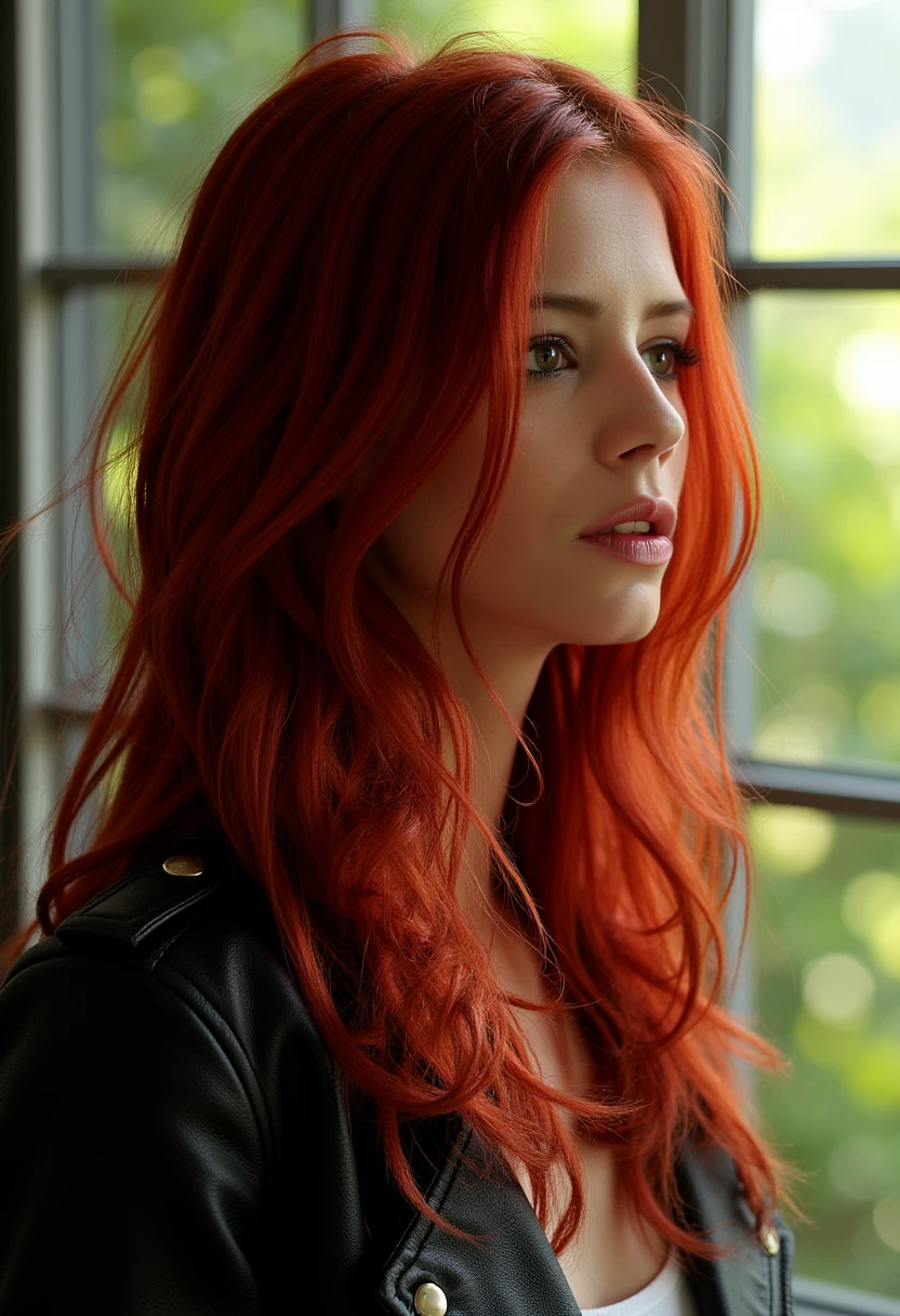 This image is a highly detailed CGI (computer-generated imagery) rendering of a young woman with striking red hair, which is styled in loose waves cascading down her back and shoulders. She has fair skin and expressive eyes, gazing thoughtfully into the distance. Her facial features are delicate, with a slight blush on her cheeks. She is wearing a black leather jacket, which contrasts with her vibrant hair and pale skin, adding to her dramatic appearance.

The background of the image features a large window with a grid pattern, through which the viewer can see a blurred, green-lit scene outside, suggesting a lush garden or park. The window frame is made of metal or glass, and the light streaming through it creates a soft, ethereal glow, enhancing the overall mood of the image. The light also casts subtle shadows on the woman's face, adding depth and dimension to her profile.

The overall style of the image is realistic with a slight emphasis on hyper-realism, focusing on the textures of the hair, skin, and clothing. The image conveys a sense of introspection and tranquility, with the woman's serene expression and the serene, natural setting outside the window contributing to this atmosphere. 4R13L