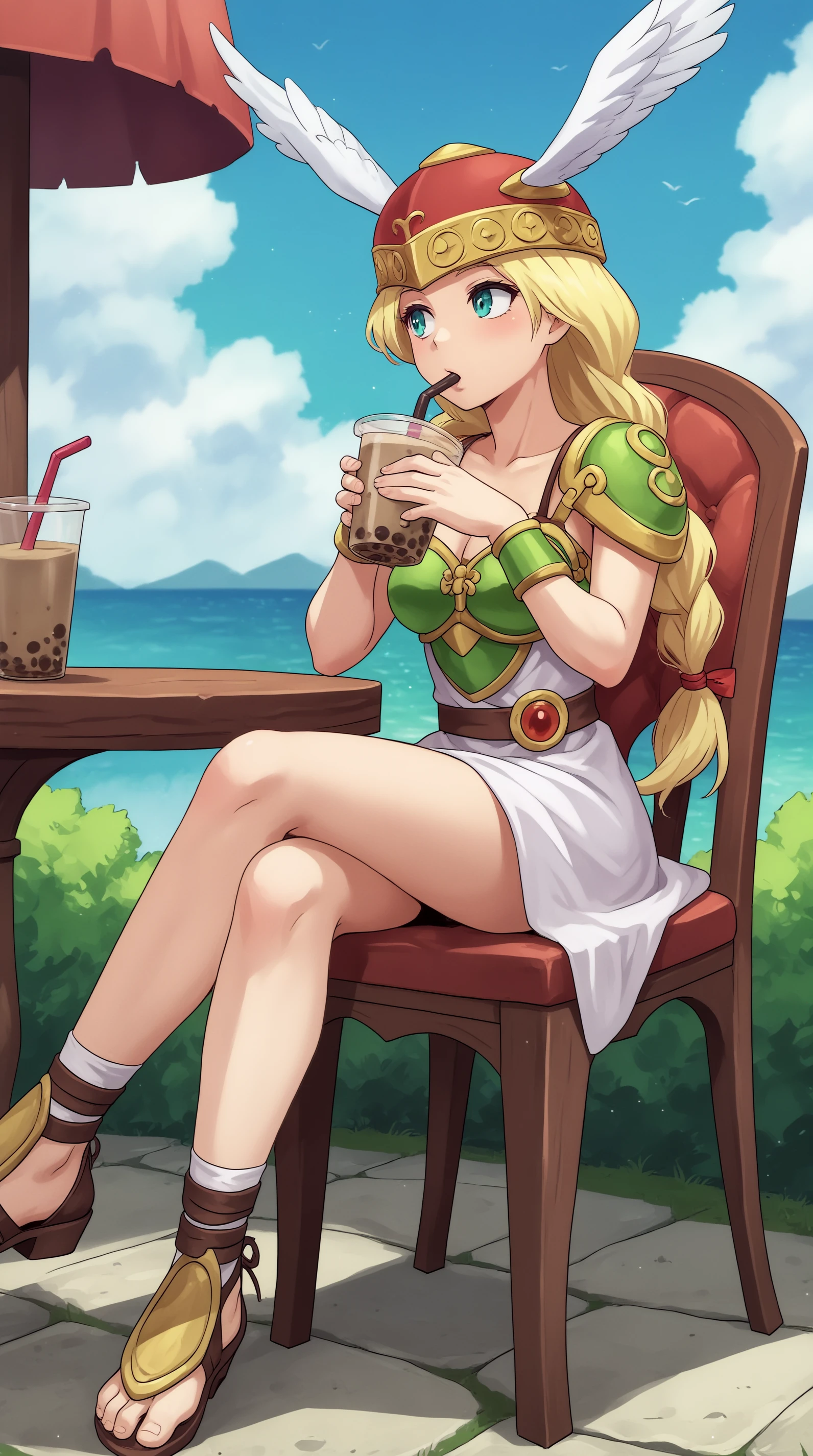 score_9, score_8_up, score_7_up,anime_source, source_anime, best background, detailed background, anime screencap, 4k, upscaled,  Valkyrie no Densetsu, Main Outfit, sitting, chair, drinking, bubble tea, sexy body, outdoors,  <lora:JN_Valkyrie_no_Densetsu_Pony:0.8>