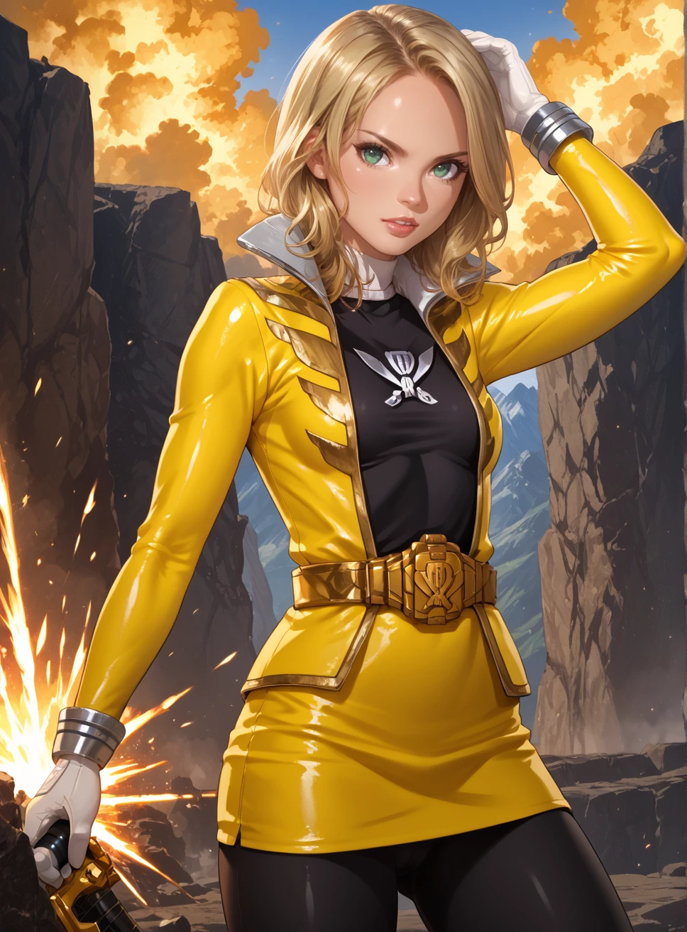 zPDXL3, score_9_up, score_8_up, score_7_up, source anime, <lora:Gia_Moran:1> G1a, megaforce, blonde hair, pale green eyes, small breasts, dramatic lighting, solo, 1 girl, standing, explosion in background, yellow smoke, outdoors, mountains, fighting pose,  <lora:Pirate_sentai:1> black bodysuit, bodysuit under clothes, white collar, white gloves, yellow jacket, yellow skirt, belt, bracelet, <lora:Expressive_H:1>, Expressiveh