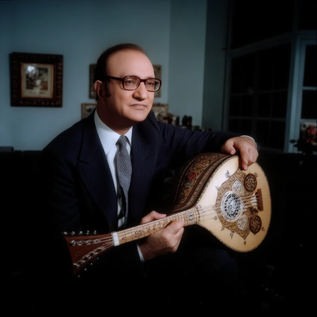 cinematic film still of  <lora:Abdelwehab v2:1>
1970's Mohammed Abdel Wahab a eyeglasses bald old man in a suit and glasses holding a oud instrument, Mehammad Abdelwehab style, Mehammad Abdelwehab style, solo, shirt, holding, jacket, necktie, glasses, blurry, blurry background, traditional media, formal, suit, black necktie, black-framed eyewear, bald, photorealistic, looking at viewer, upper body, own hands together, clock, black hair, white shirt, long sleeves, sitting, instrument, closed mouth, collared shirt, depth of field, guitar, playing instrument, tattoo, watch, film grain:1, shallow depth of field, vignette, highly detailed, high budget, bokeh, cinemascope, moody, epic, gorgeous, film grain, grainy