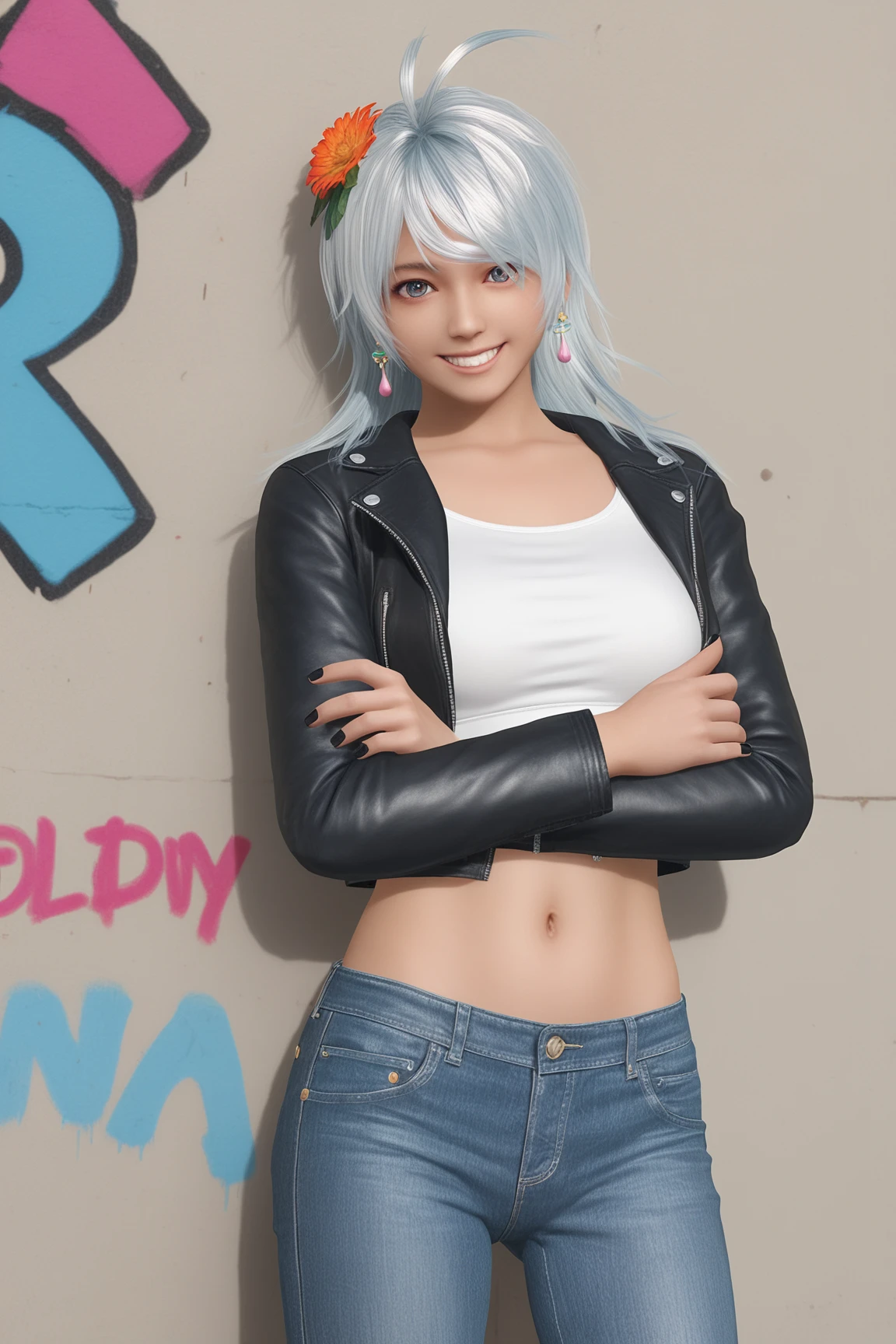 score_9,score_8,score_7_up,
headphones,white crop top,leather jacket,navel,jeans,unbuttoned jeans,lean against the wall, backstreet, (graffiti on the wall),looking at viewer,
patty \(doa\), 1girl, solo,medium hair,ahoge,hair over one eye,black nails, fingernails, nail polish,detailed eyes,crossed_arms,grin, 
jewelry, hair ornament, hair flower, leaf hair ornament, dahlia_hair_ornament, earrings,pink_and_blue_teardrop_earrings,
 <lora:doa_patty_pdxl_v10-000004:0.8>