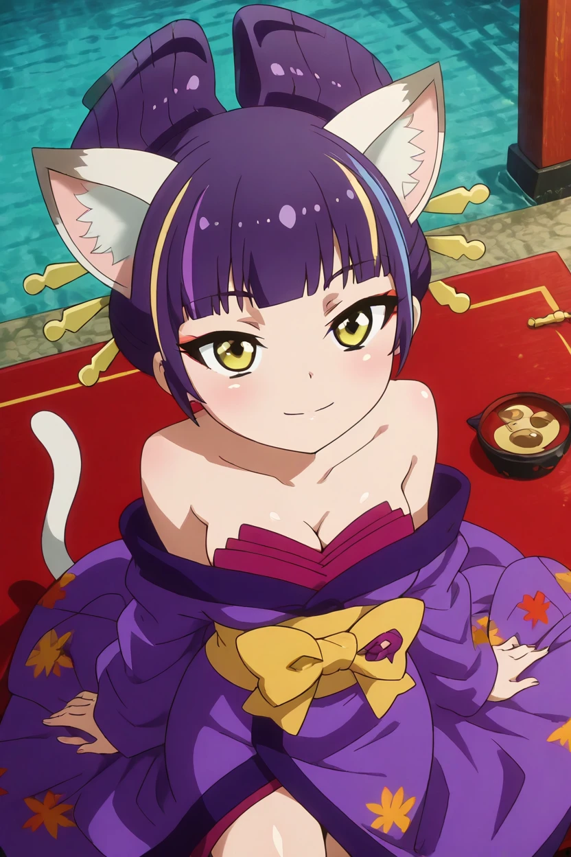 masterpiece, best quality, solo, curvy, beautiful eyes,zzDarudayu, yellow eyes, blonde hair, hair bun, hair ornament, hair stick, multicolored hair, streaked hair, cat ears, animal ears, animal ear fluff, purple hair,  bare shoulders, medium breasts, collarbone, japanese clothes, kimono, off shoulder,  <lora:Darudayu_ShowByRock_IXL:1.0>, from above, dynamic pose, cowboy shot, smile, looking at viewer, shiny skin,<lora:TTitansStyleIXL:1.0>,