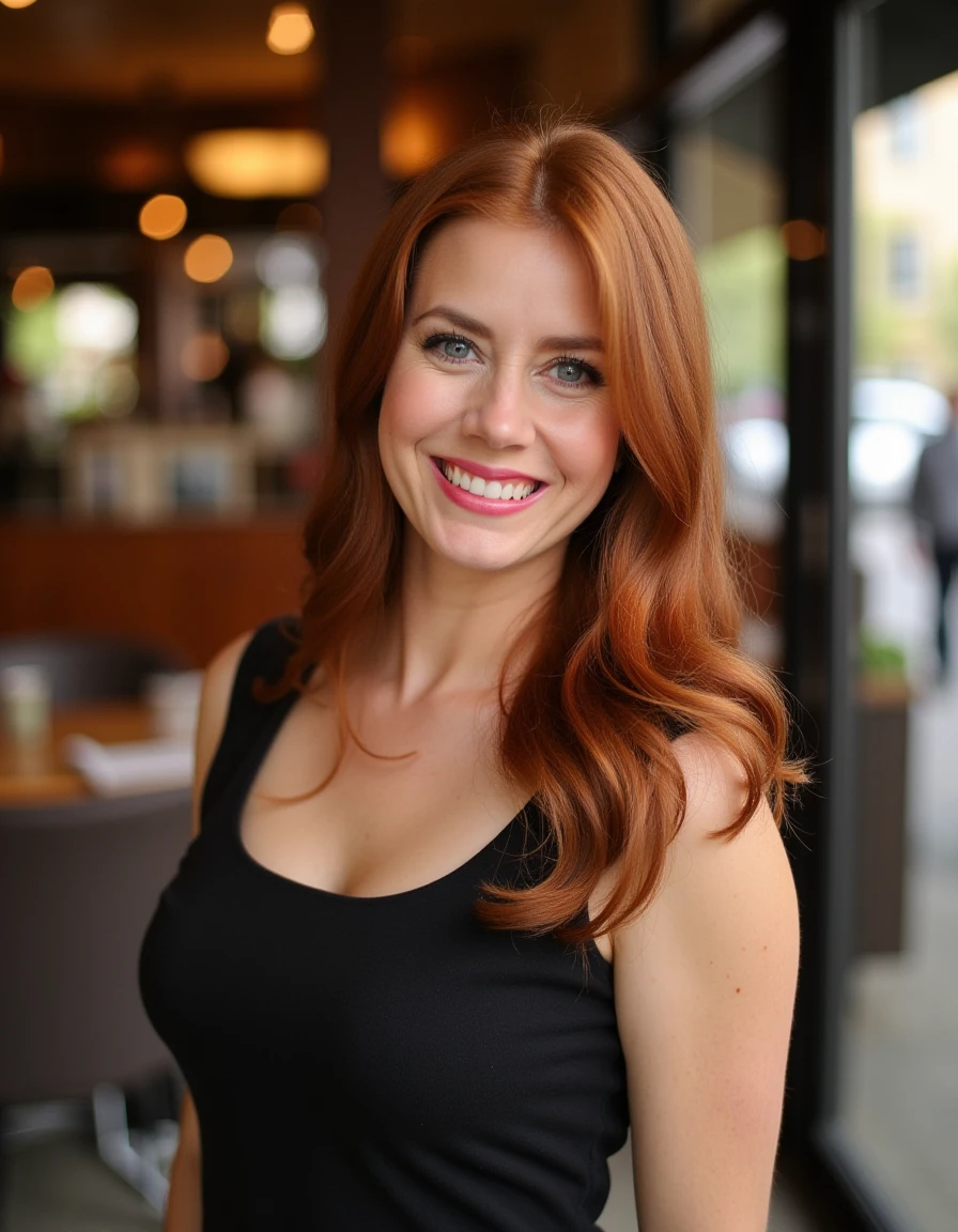 <lora:Amy_Adams_Flux:1> This is a beautiful photograph of a woman, red hair cascades around her shoulders, framing her face. She is wearing a boatneck dress, Standing in a cafe. Looking at the viewer. Smile.