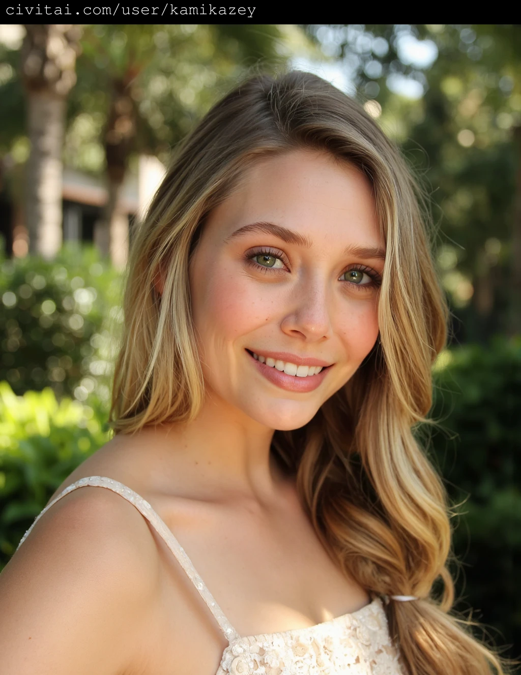 elizabeth_olsen with light brown hair, which is slightly tousled and partially obscuring her face. Her skin is fair and dotted with freckles, adding a natural, youthful charm. She gazes directly at the camera with a gentle, inviting smile. Her green eyes are bright and expressive, framed by long, thick lashes. Her complexion is smooth, with a slight sheen, indicating a fresh, dewy appearance.
She is dressed in a sleeveless, light-colored top with a delicate floral pattern, which complements her slender frame and delicate, modest bust. The top is made of a soft, silky fabric that flows gracefully against her body, enhancing her natural, effortless elegance.
In the background, there is a blurred, lush green garden with hints of sunlight filtering through the trees, creating dappled shadows that play across her face and hair. The photograph is taken in natural light, highlighting her natural beauty and the serene, sun-drenched atmosphere of the garden. The image exudes a warm, intimate feel, emphasizing the subject's innocence and natural beauty.