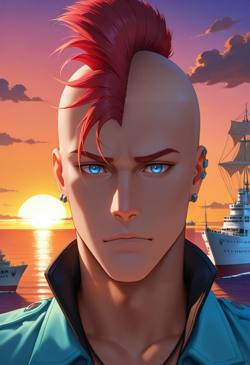 masterpiece, best quality, , semi-realistic, looking at viewer, , 1boy, solo, male focus, <lora:bazzard_black_ilxl:0.96>, bazzard_black, red hair, blue eyes, short hair, mohawk, earrings, , sky port, airship docks, cloud sea, loading areas, watching ships, curious expression, sunset,