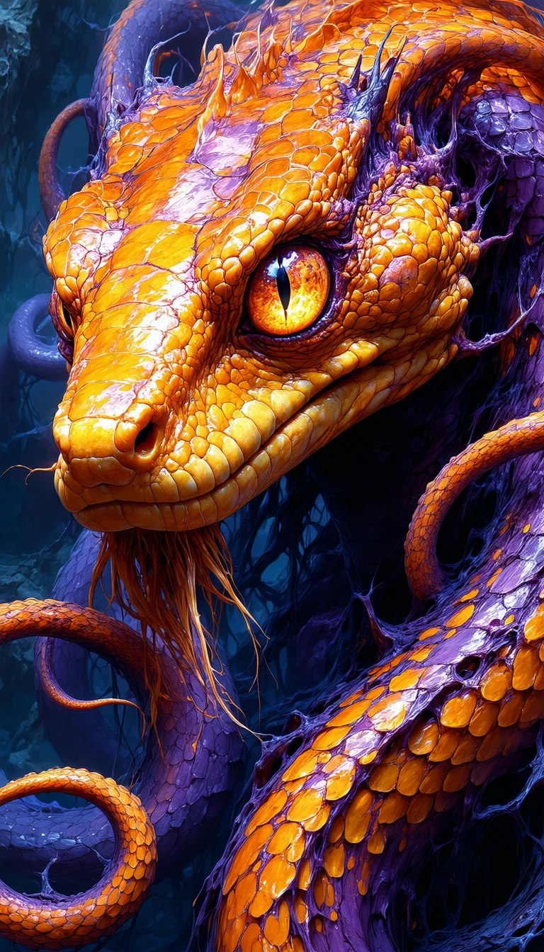 The image presents a digital illustration of a fantastical creature. The creature's head is a vibrant mix of orange and purple, with a large, glowing eye that dominates the center. The creature's body is a complex web of intricate lines and curves, creating a sense of organic fluidity. The creature's tentacles, a striking feature, extend outwards in a pattern that resembles a snake's skin. The background is a dark blue color, providing a stark contrast to the creature's vivid colors. The creature's face is also a blend of orange and purple, with a large, glowing eye that adds to its otherworldly appearance.