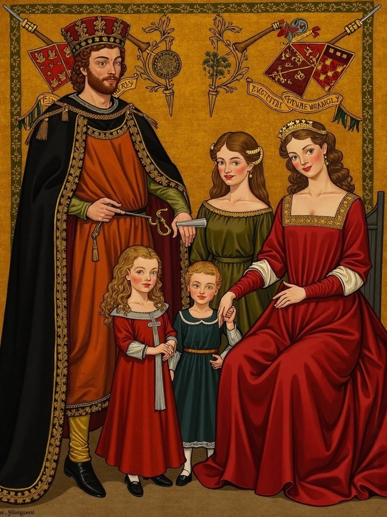 <lora:Medieval Art:1> Medieval illustration Art *"A formal family portrait featuring a medieval king, queen, and their children in richly embroidered royal robes. The backdrop includes a golden tapestry with the family crest, illuminated by torchlight."*