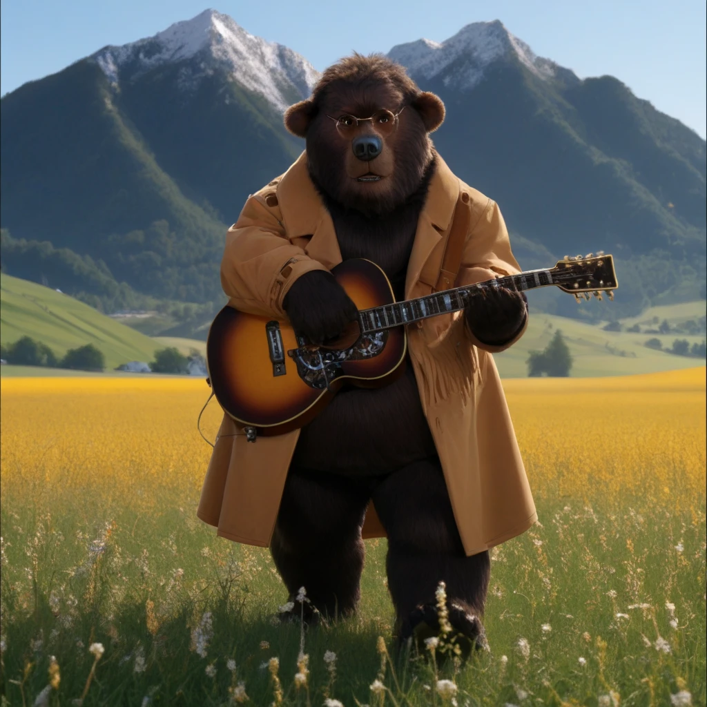 ted bedderhead, big bear, tall, dark brown fur, belly, bara, standing tall, glasses, black nose, wearing coat, playing a guitar, in an open field, mountains in background