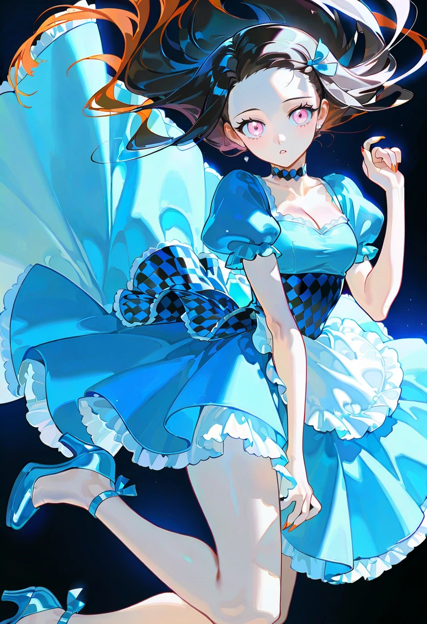 1girl,solo,looking at viewer, echo (circa),dress, short sleeves, checkered clothes, blue dress, choker, high heels,kamado nezuko, falling, wonderland