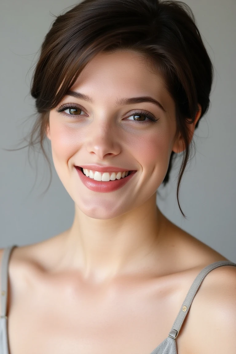 High quality realistic beauty shot of camdflx. A close-up shot of a woman. She is wearing a camisole blouse. Her lips are a light red color. Her hair is short. The backdrop is a light gray. She is giving a beautiful smile showing her white teeth.