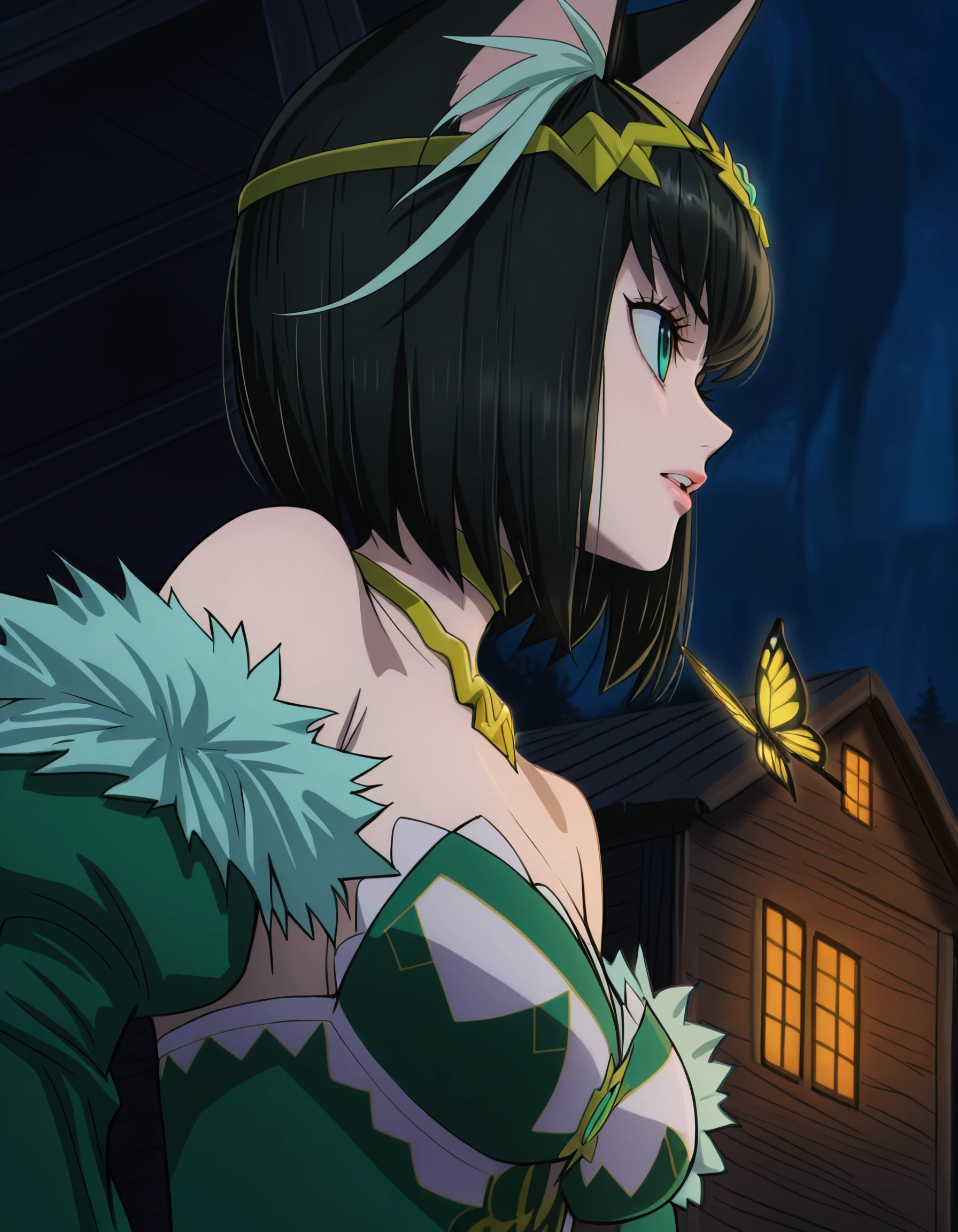 <lora:tama_il:1> , short_hair, black_hair, cat_ears, green_eyes, tamagreen, tiara,  green_dress, fur_trim, (1girl, solo), 1girl, bare_shoulders, bug, butterfly, halterneck, parted_lips, profile, rabbit_ears, realistic, red_lips, solo, teeth, upper_body, upper_teeth_only, shack, floating_city, masterpiece, detailed, best_quality, (haruyama_kazunori:1.3)