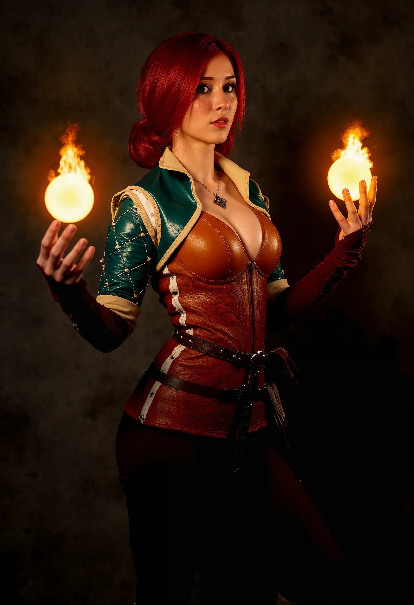 TrissM, This side photograph features TrissM. She has fair skin and freckles, red tied hair with side bangs, and wears a tight-fitting, brown leather top with a green and blue quilted shoulder piece. Her outfit includes a red corset, brown pants, and a utility belt with pouches. She holds two glowing fire orbs in each hand, set against a dark, textured background. The image captures a dynamic, fantasy-inspired aesthetic with a focus on the character's skinny perfect build and confident pose.
<lora:FluxTrissMV1:1>