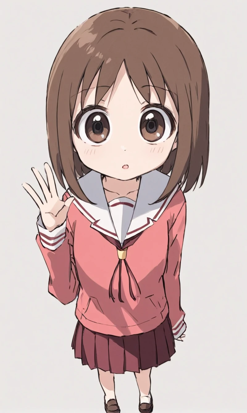 masterpiece, best quality, 1 girl, brown hair, kasuga ayumu, school uniform, big eyes, <lora:Kasuga_Ayumu_Osaka_SDXL_XL_Azumanga_Daioh_Epoch10:1>, full body, hand up