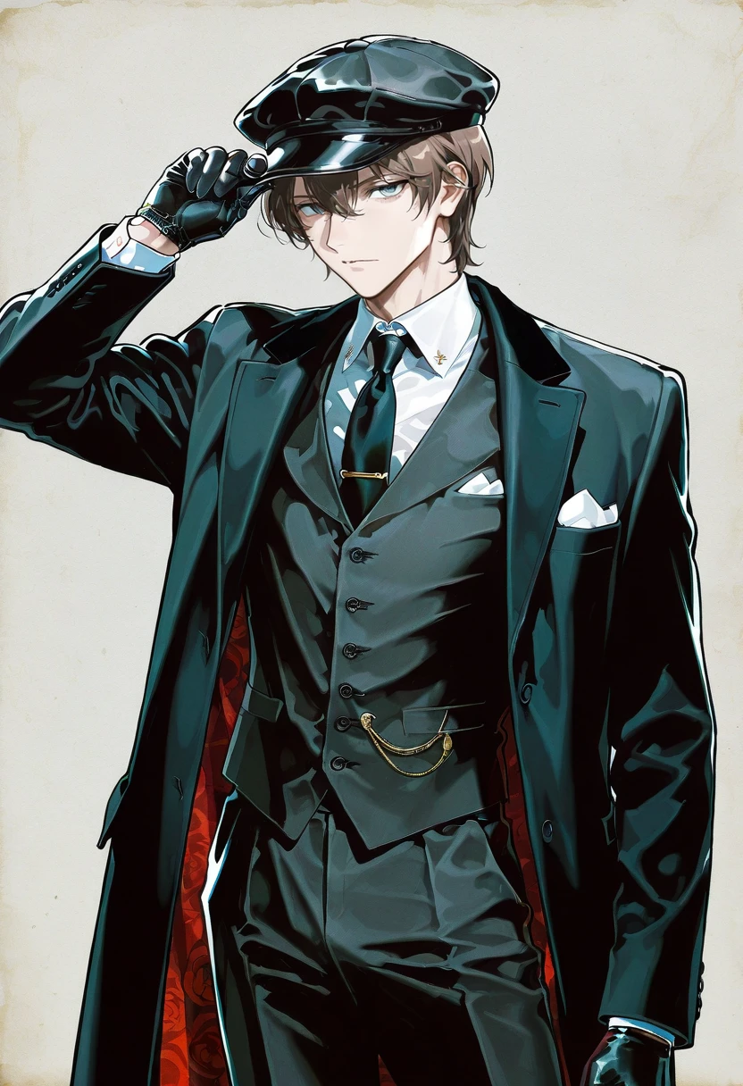 1boy,male focus,solo,looking at viewer, ikeda ruriko,pb clothing, hat, black necktie, black gloves, vest, black coat, white shirt, pants, collared shirt, suit, akechi_gorou