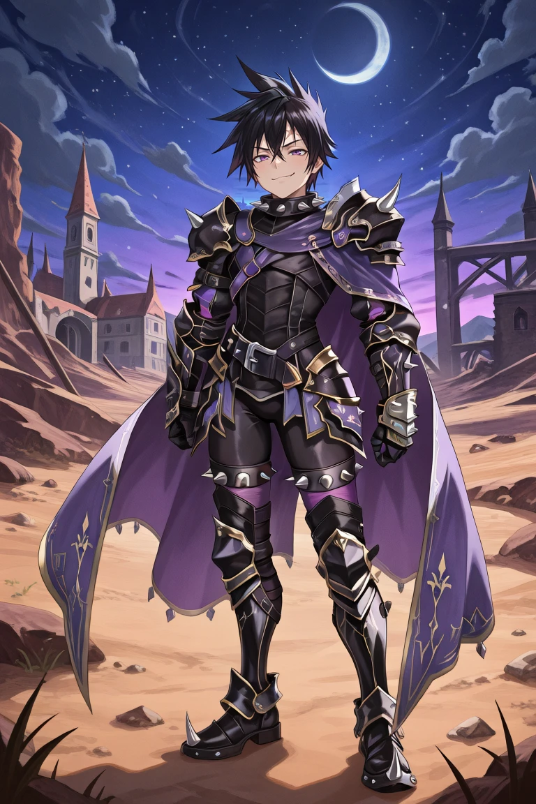 <lora:LeonIL:0.8> , LeDef, 1boy, purple eyes, scar on forehead, spiked hair, black hair, spiked collar, spikes, spiked armor, shoulder spikes, armor, black armor, faulds, purple faulds, gauntlets, black gauntlets, cape, purple cape, black bodysuit, bodysuit under clothes, spiked belt, greaves, black greaves, spiked shoes, spiked thighhighs, purple thighhighs, full body, smile, smug, night, bloodstained armor, exterior, wasteland, masterpiece, very aesthetic, absurdres, best quality, amazing quality, high resolution, <lora:illustrious_quality_modifiers_masterpieces_v1:0.8> , <lora:ChamIllustriousBackgroundEnhancer:0.5>,