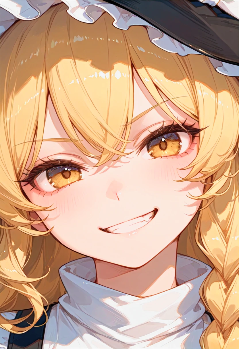 contrapposto, very aesthetic, high definition, masterpiece, illustration, best quality, flat painting style, <lora:thick_eyelashes_illustrious_20K-000017:0.6>, thick eyelashes, [photo background::0.5], blurry foreground BREAK 1girl, kirisame marisa, (close-up:1.2), eye focus, smirk, clenched teeth, witch hat