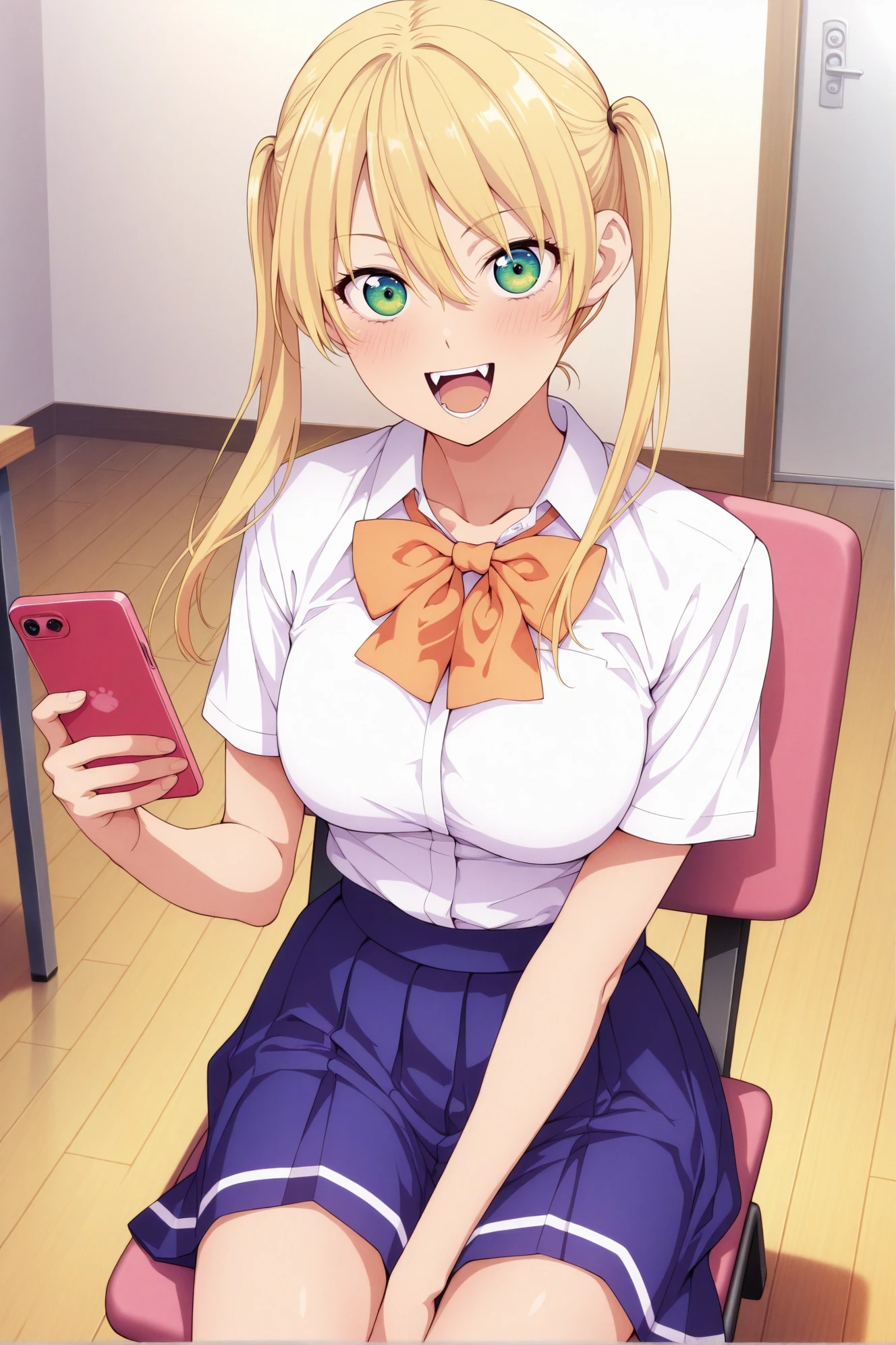 masterpiece, best quality, amazing quality, very aesthetic, absurdres, highres, hyper_realistic, photorealistic, colorful,  vibrant_color, smooth_rendering,  clean_image, sharp_focus, professional photoshoot,
<lora:kanokano-18:1>, 1girl, large breasts, blonde hair, twintails, sitting, open mouth, looking at viewer, long hair, indoors, chair, smile, green eyes, fangs, collarbone, holding phone, gaming, wooden floor, blush, phone, :d, cellphone, hair between eyes,  mirika,  style1, orange bowtie pleated skirt, school uniform, blue skirt, white shirt, collared shirt,,  
(ebifurya:0.2), (wlop:0.2)  <lora:Body weight slider 2_last:-1>