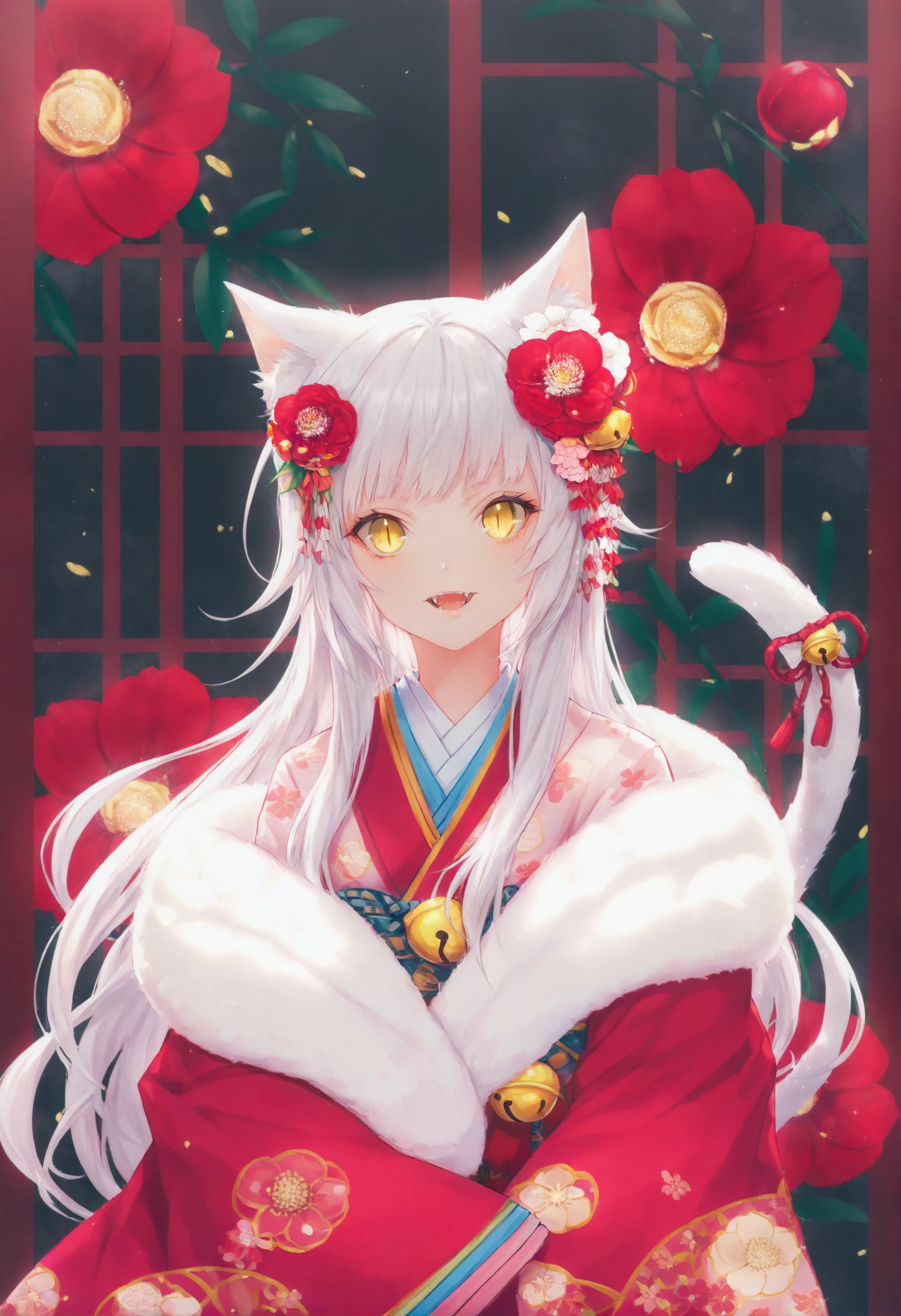 1girl, animal ears, flower, solo, tail, cat ears, cat tail, white hair, yellow eyes, japanese clothes, bell, hair ornament, fangs, smile, tail ornament, hair flower, kimono, long hair, slit pupils, camellia 
,best quality,very aesthetic,absurdres
 <lora:æè±lokr_for_illustrious-000145:0.95>